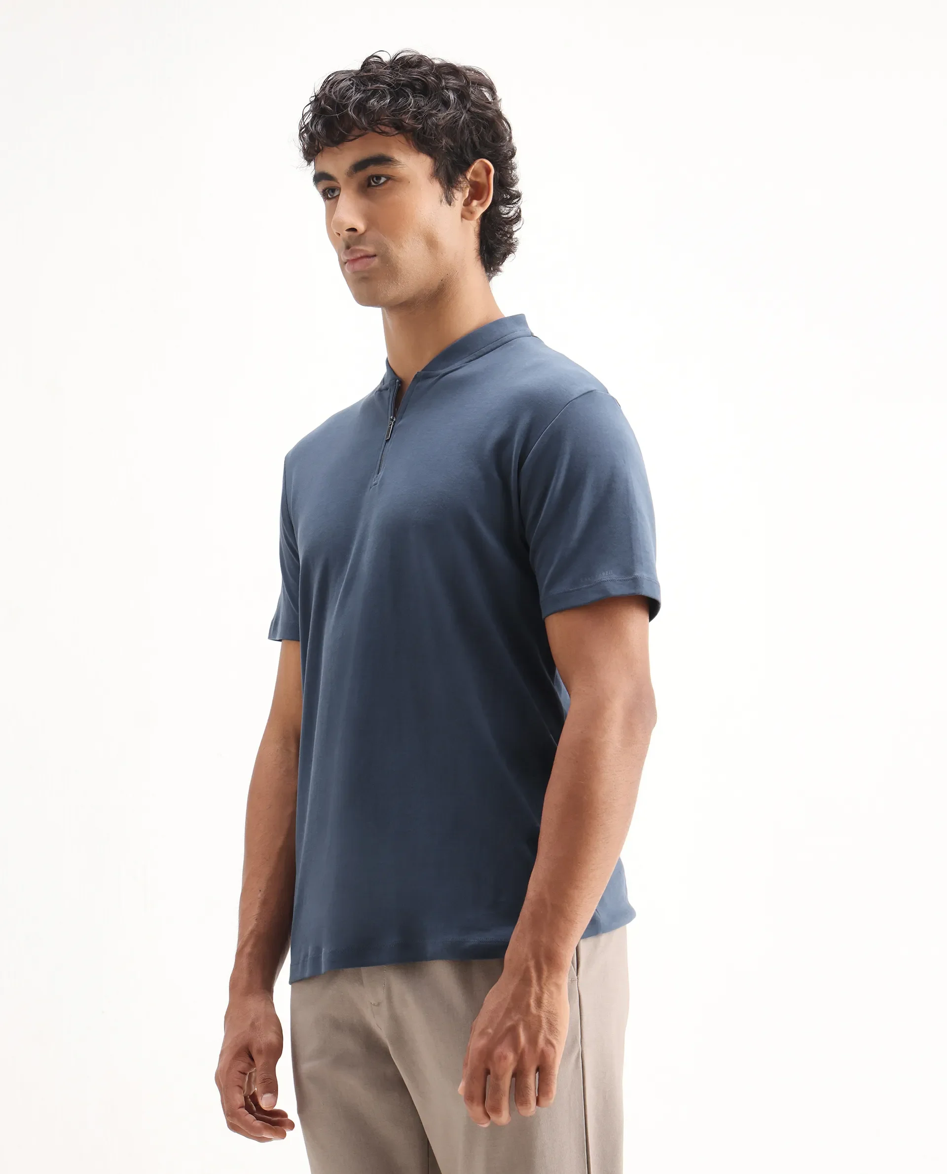 Rare Rabbit Men's Temper Dark Blue Cotton Plain Regular Fit Half Sleeve Polo - Image 5