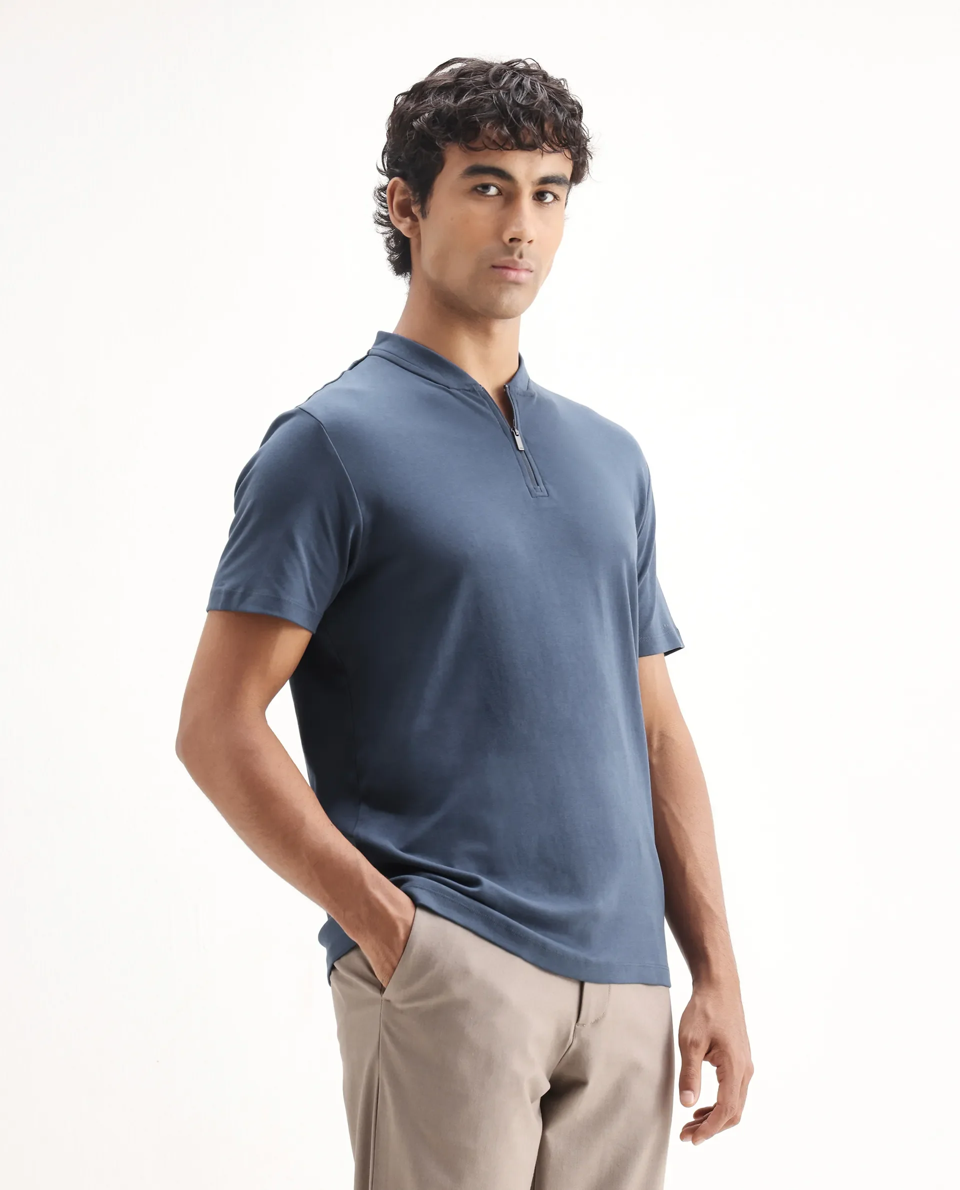 Rare Rabbit Men's Temper Dark Blue Cotton Plain Regular Fit Half Sleeve Polo - Image 6