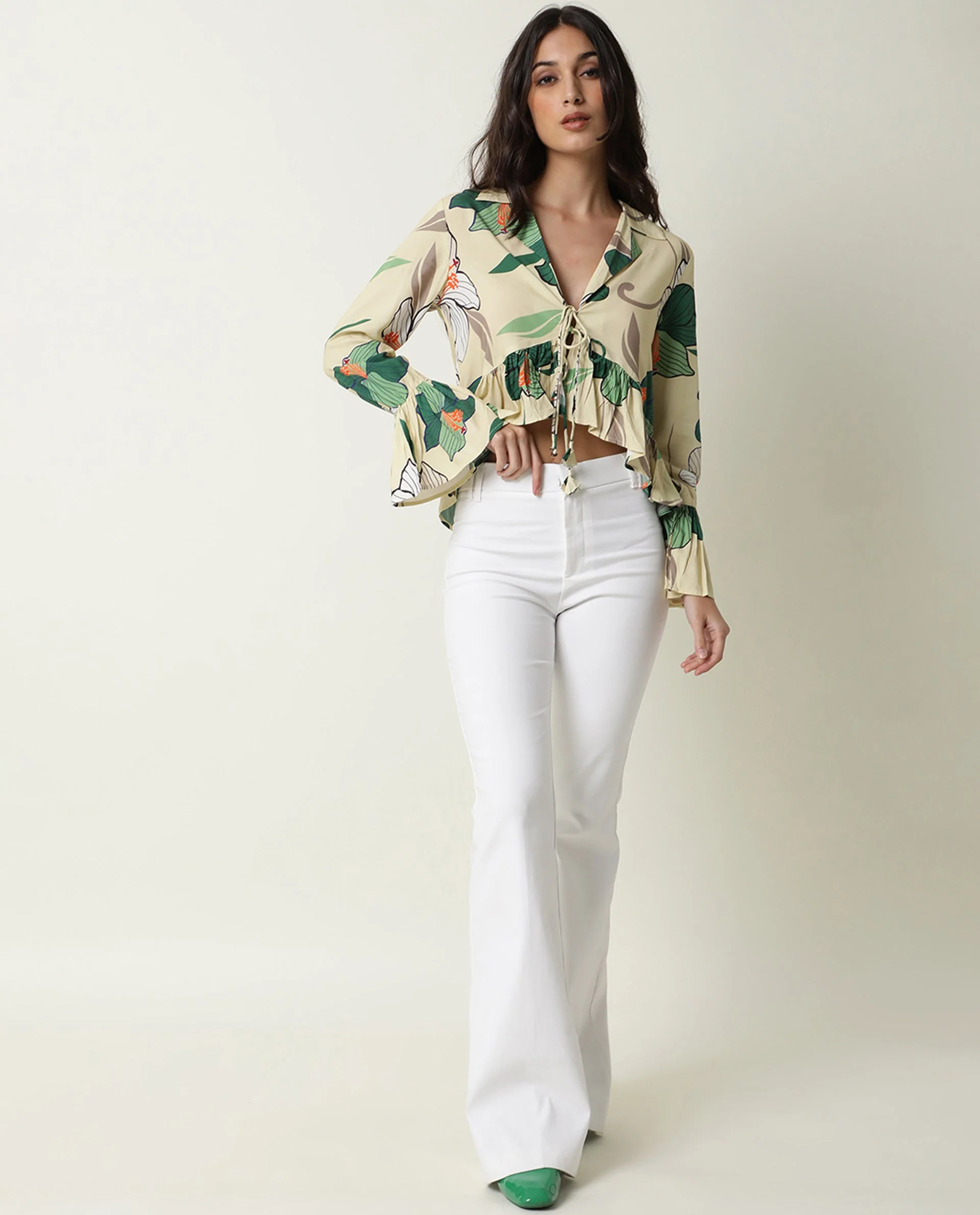 Rareism Women's Tena Offwhite Viscose Lapel Neck Floral Print Ruffled Sleeve Knee Length Regular Fit Shrug
