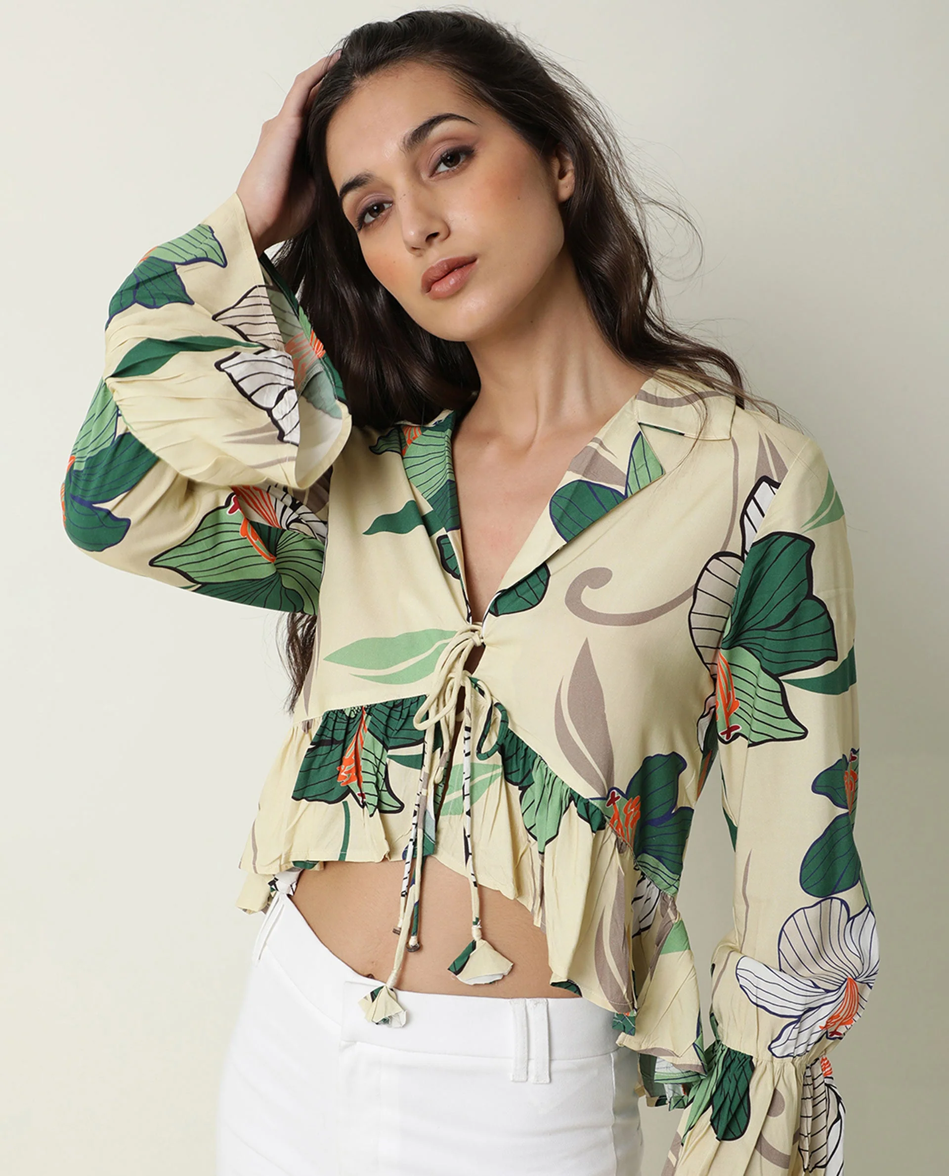 Rareism Women's Tena Offwhite Viscose Lapel Neck Floral Print Ruffled Sleeve Knee Length Regular Fit Shrug - Image 3