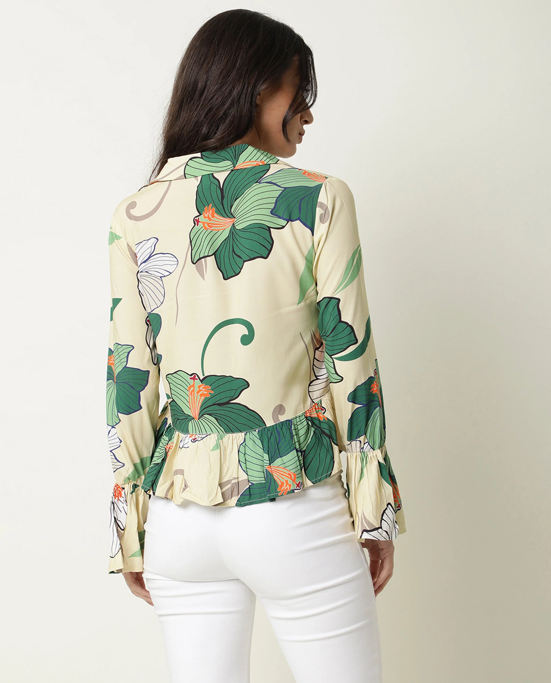 Rareism Women's Tena Offwhite Viscose Lapel Neck Floral Print Ruffled Sleeve Knee Length Regular Fit Shrug - Image 4