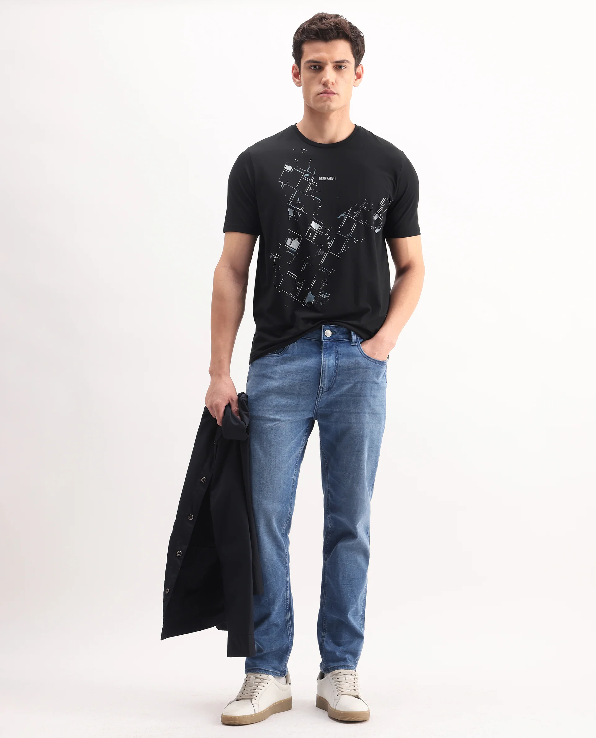 Rare Rabbit Men's Tene Black Cotton Blend Graphic Print Regular Fit Half Sleeve Crew Neck T-Shirt - Image 2