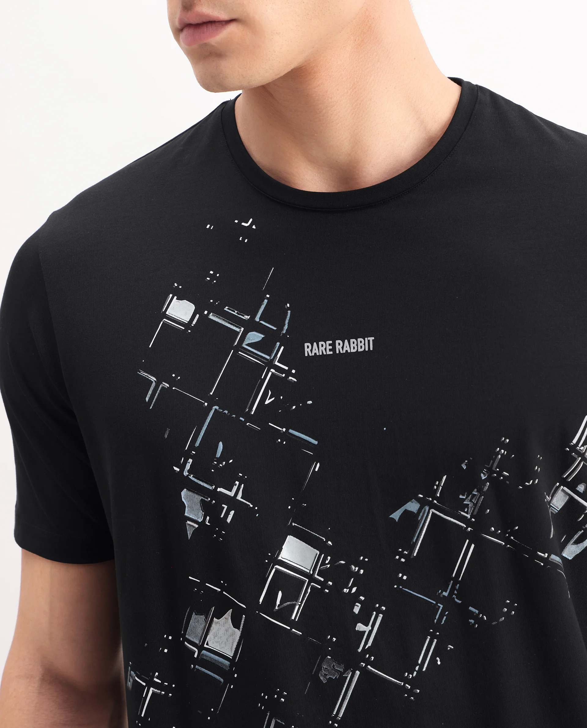 Rare Rabbit Men's Tene Black Cotton Blend Graphic Print Regular Fit Half Sleeve Crew Neck T-Shirt - Image 3