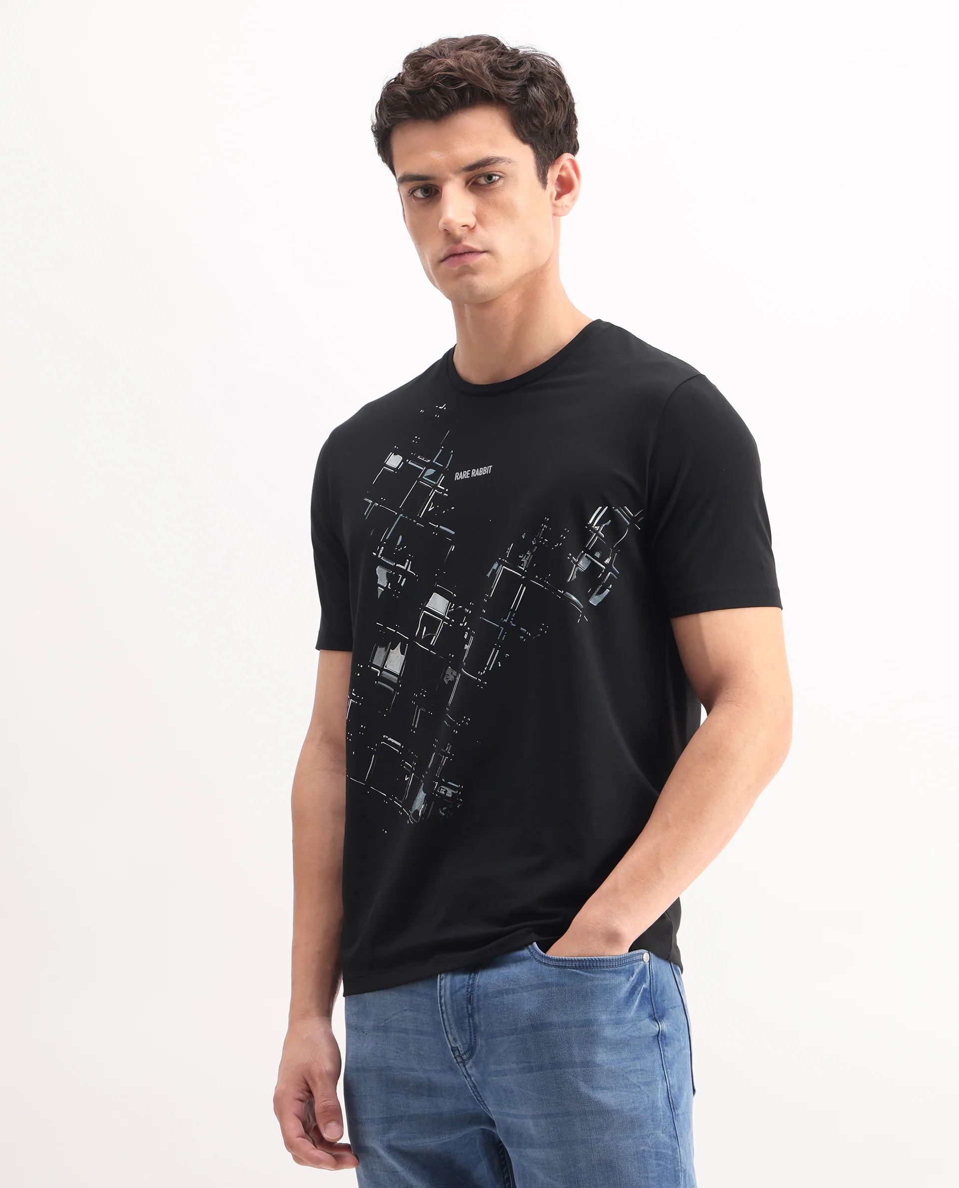 Rare Rabbit Men's Tene Black Cotton Blend Graphic Print Regular Fit Half Sleeve Crew Neck T-Shirt - Image 4