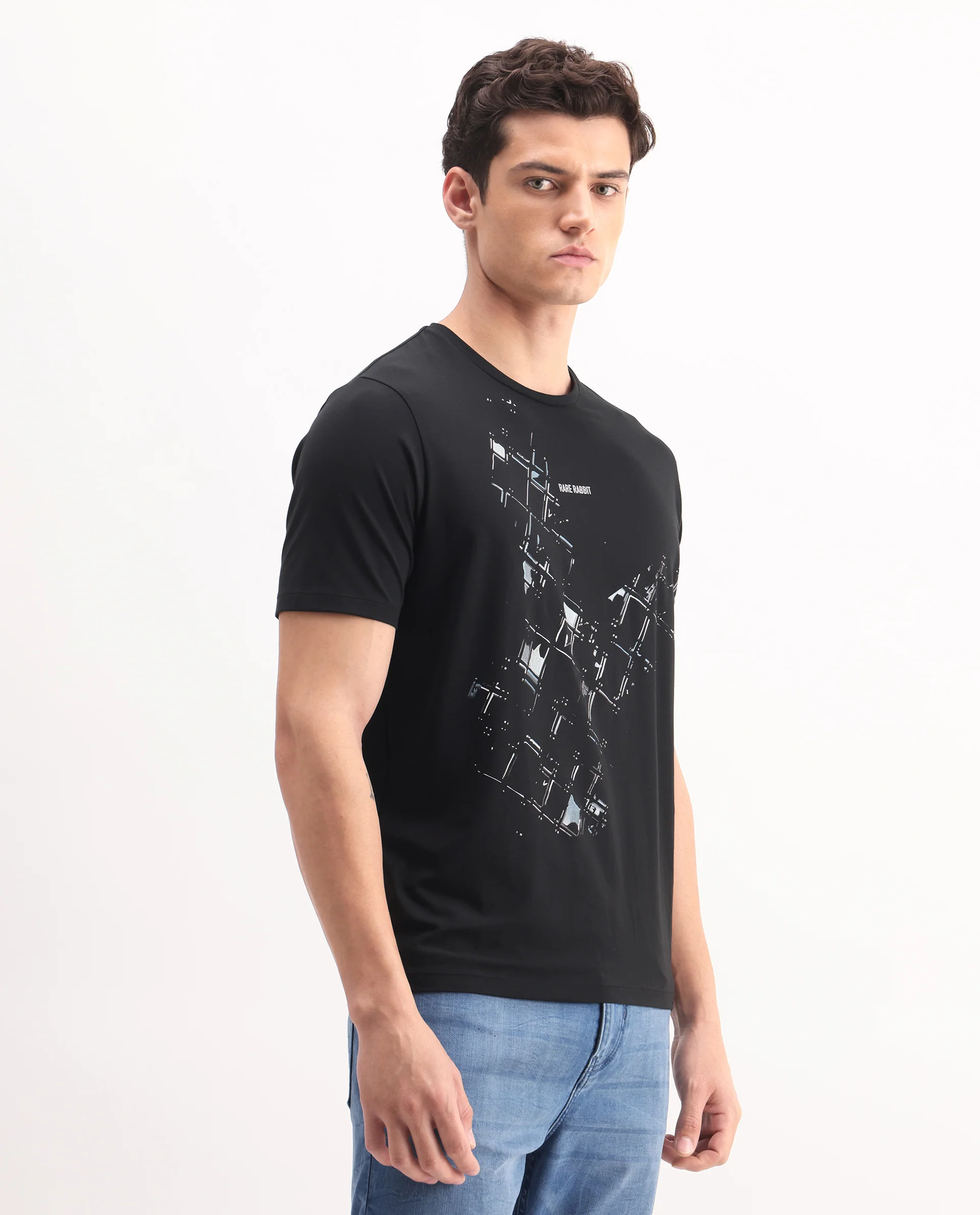 Rare Rabbit Men's Tene Black Cotton Blend Graphic Print Regular Fit Half Sleeve Crew Neck T-Shirt - Image 5