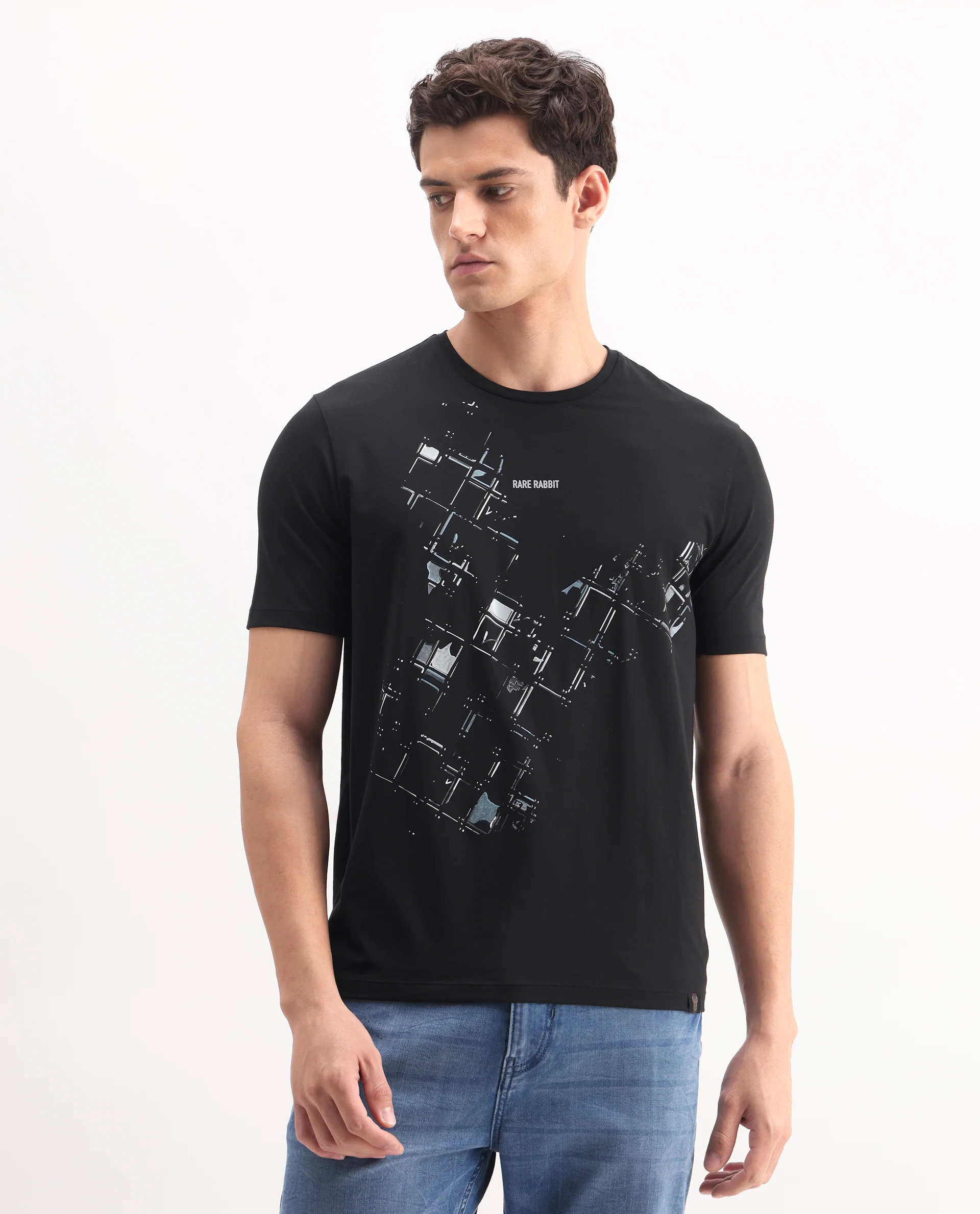 Rare Rabbit Men's Tene Black Cotton Blend Graphic Print Regular Fit Half Sleeve Crew Neck T-Shirt - Image 6