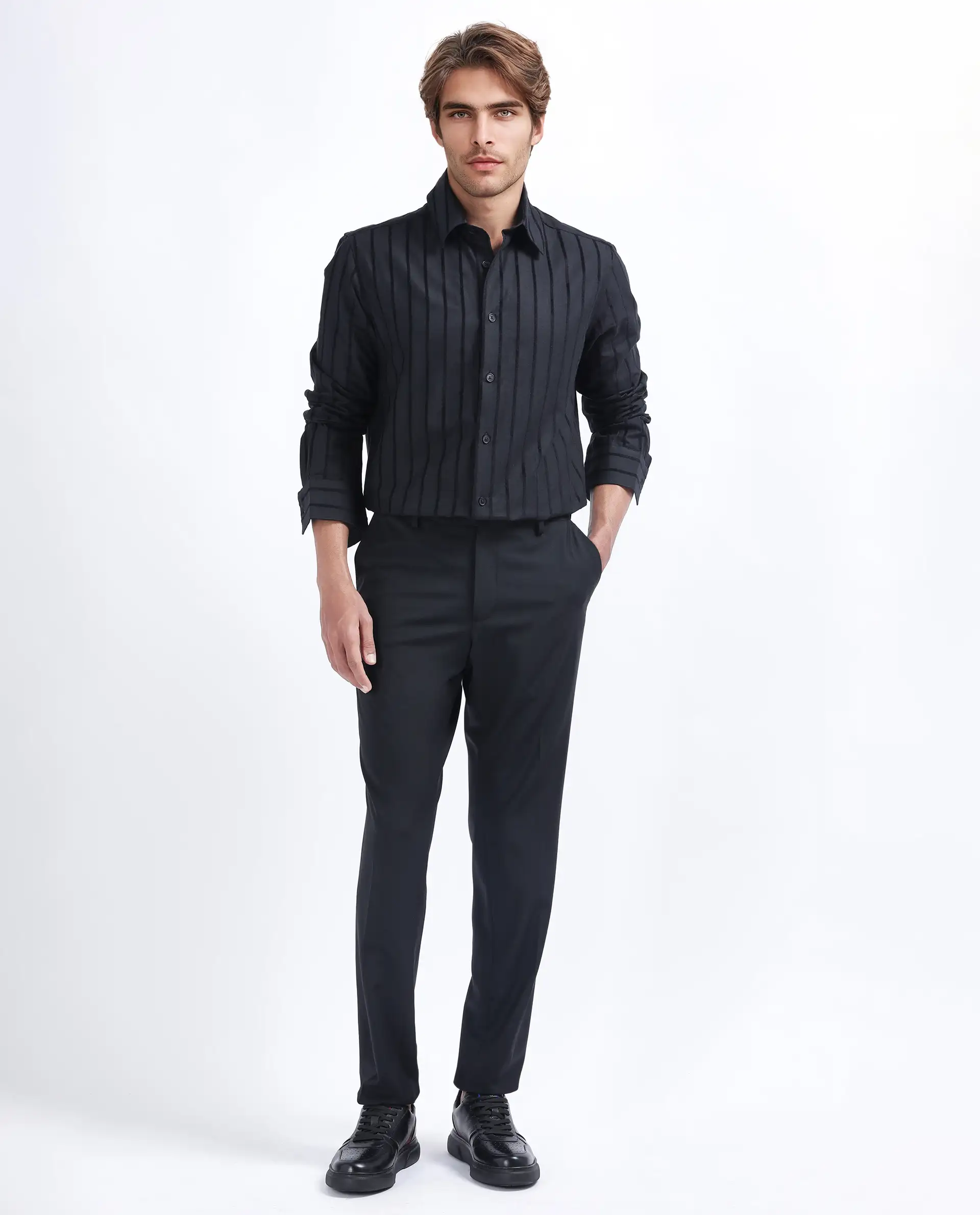 Rare Rabbit Men's Tener Black Cotton Blend Striped Print Regular Fit Full Sleeve Collared Shirt - Image 2