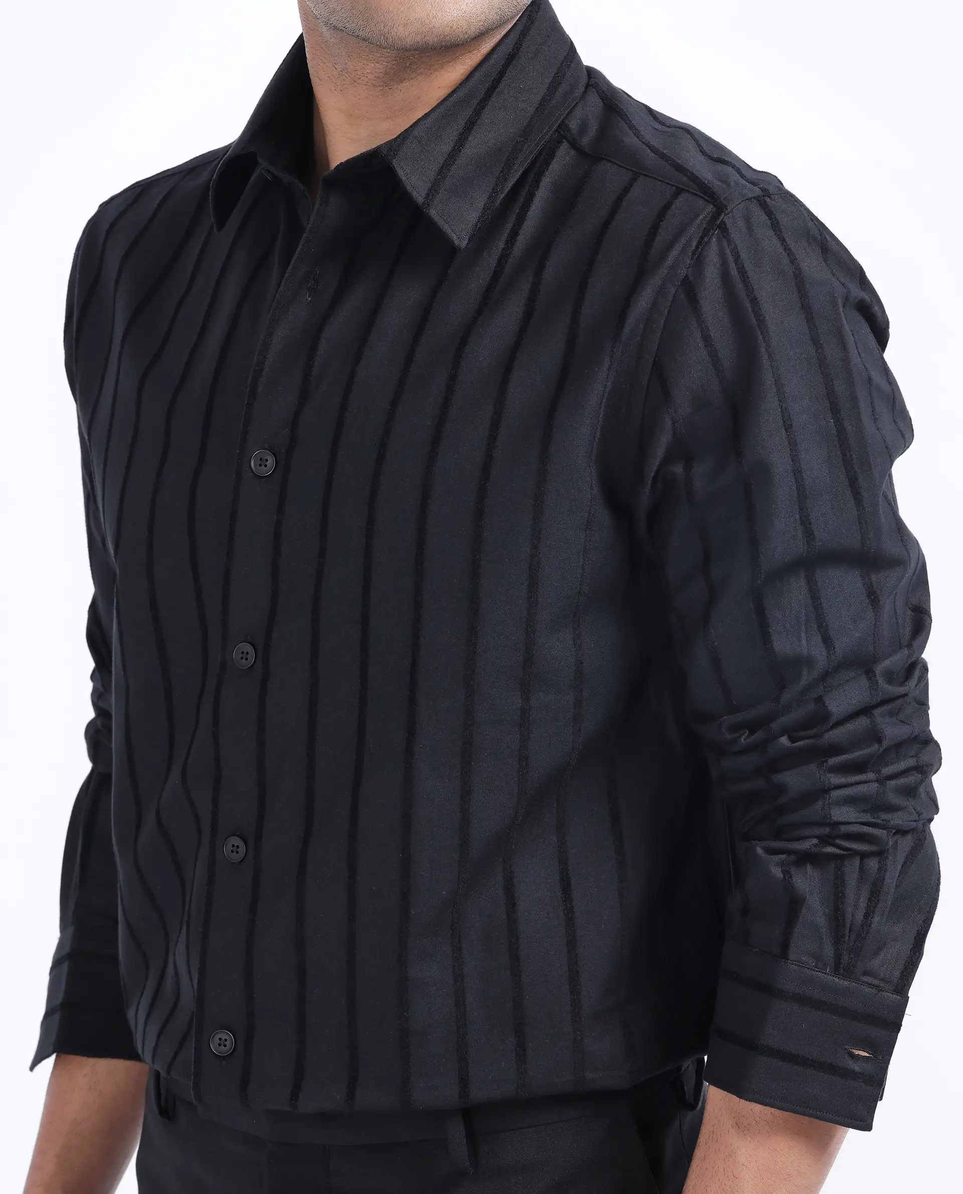 Rare Rabbit Men's Tener Black Cotton Blend Striped Print Regular Fit Full Sleeve Collared Shirt - Image 3