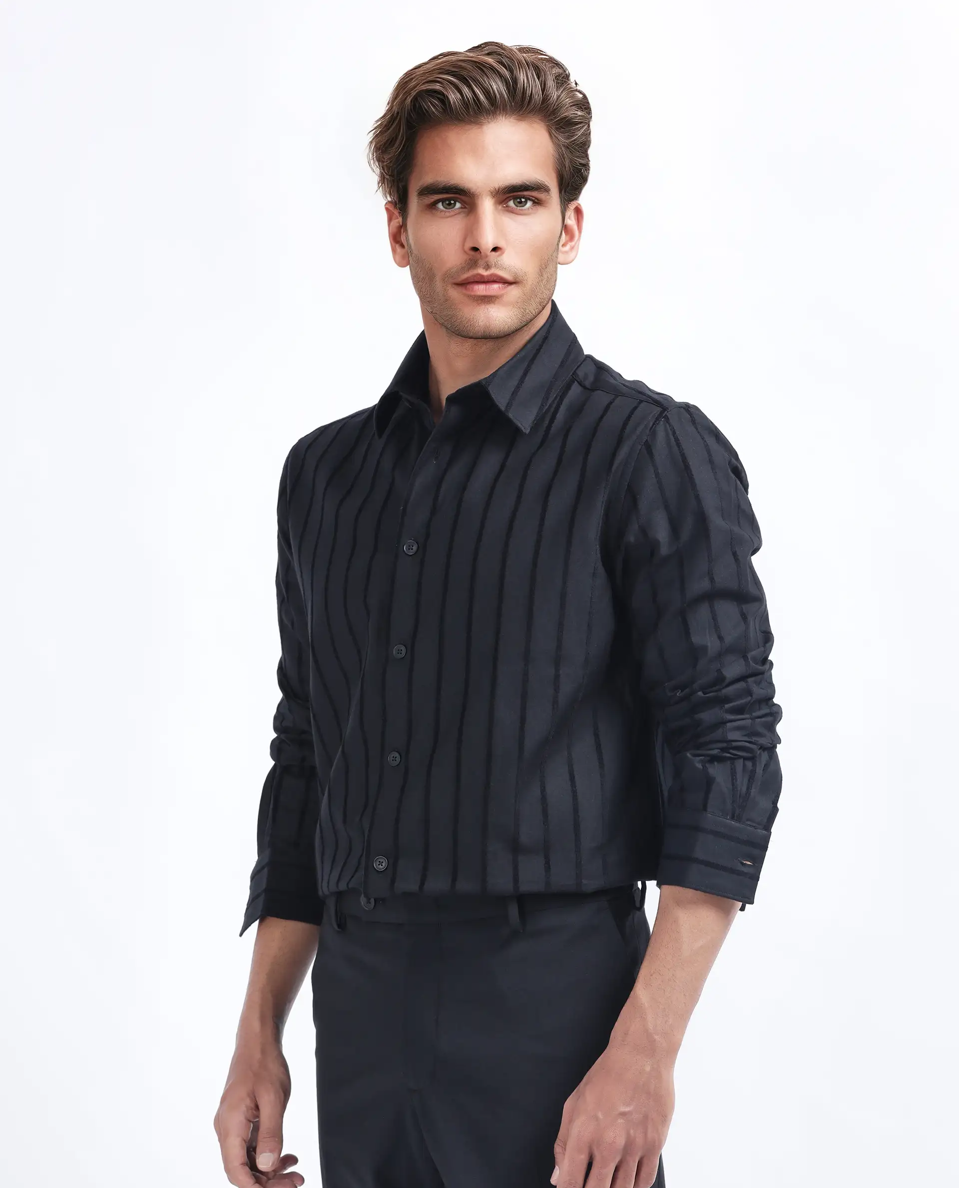Rare Rabbit Men's Tener Black Cotton Blend Striped Print Regular Fit Full Sleeve Collared Shirt - Image 4