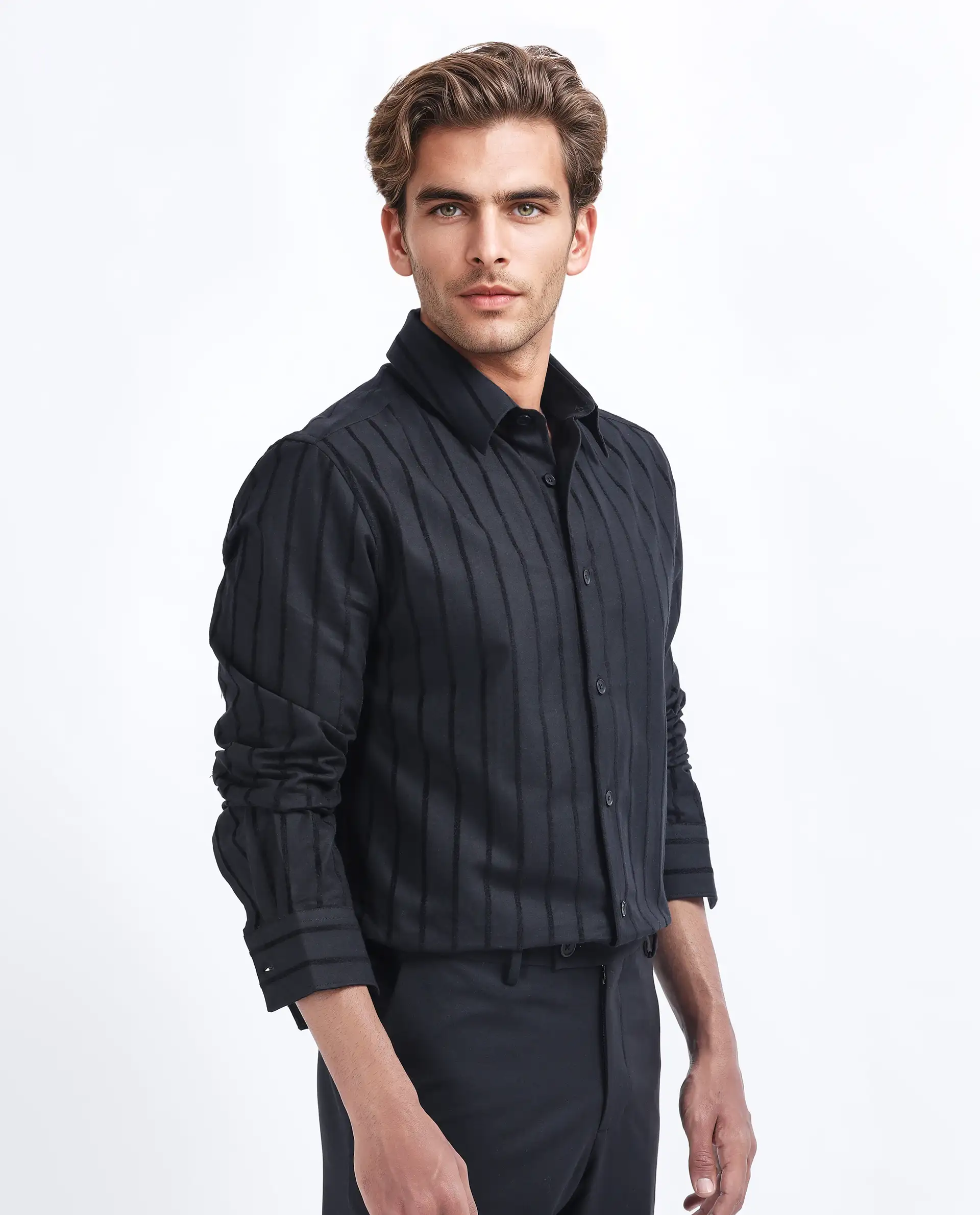 Rare Rabbit Men's Tener Black Cotton Blend Striped Print Regular Fit Full Sleeve Collared Shirt - Image 6