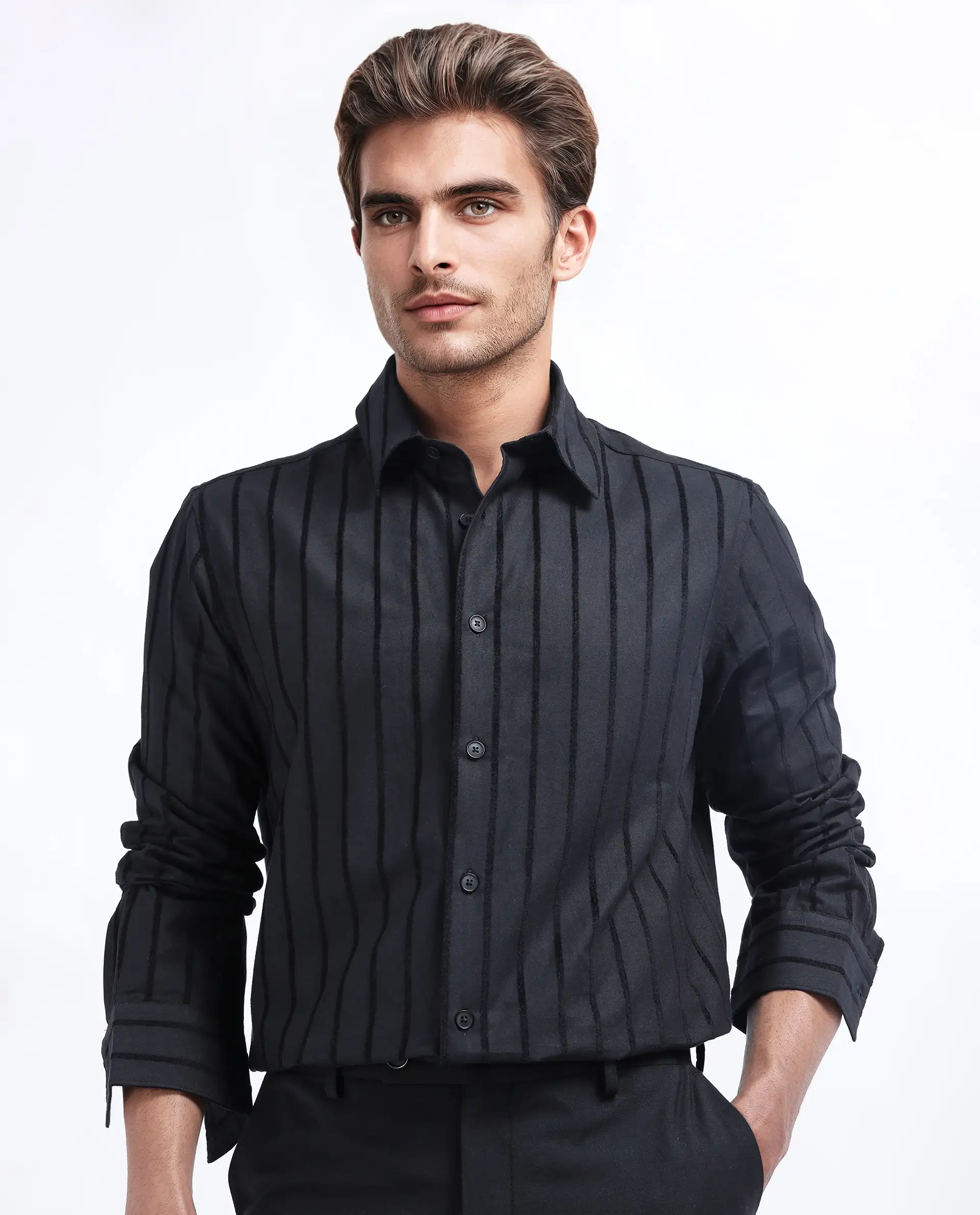 Rare Rabbit Men's Tener Black Cotton Blend Striped Print Regular Fit Full Sleeve Collared Shirt - Image 7