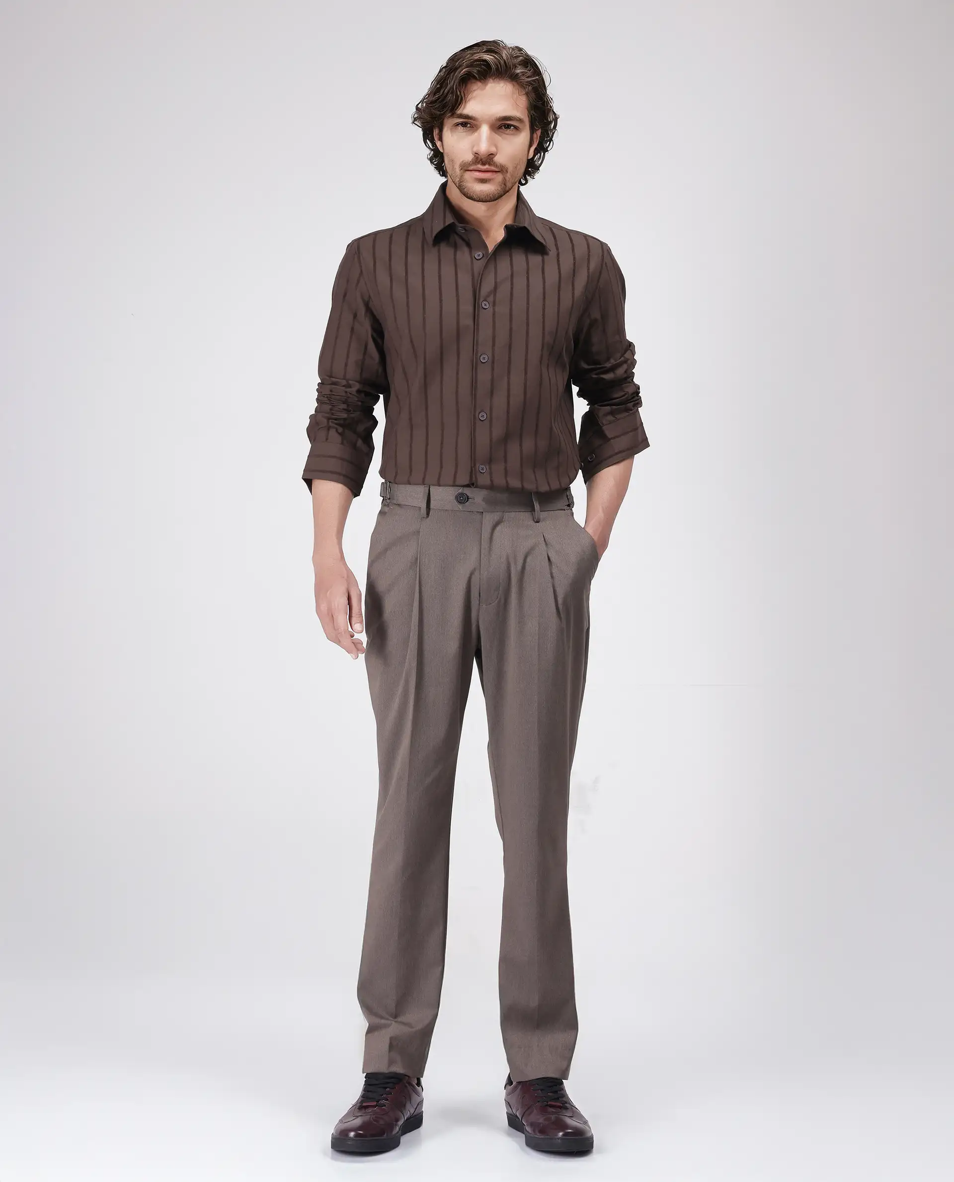 Rare Rabbit Men's Tener Dark Brown Cotton Blend Striped Print Relaxed Fit Full Sleeve Collared Shirt - Image 2