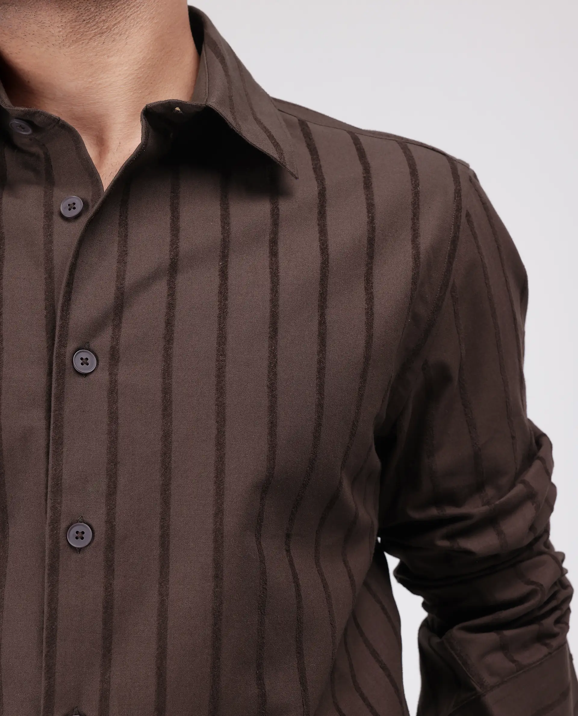 Rare Rabbit Men's Tener Dark Brown Cotton Blend Striped Print Relaxed Fit Full Sleeve Collared Shirt - Image 3