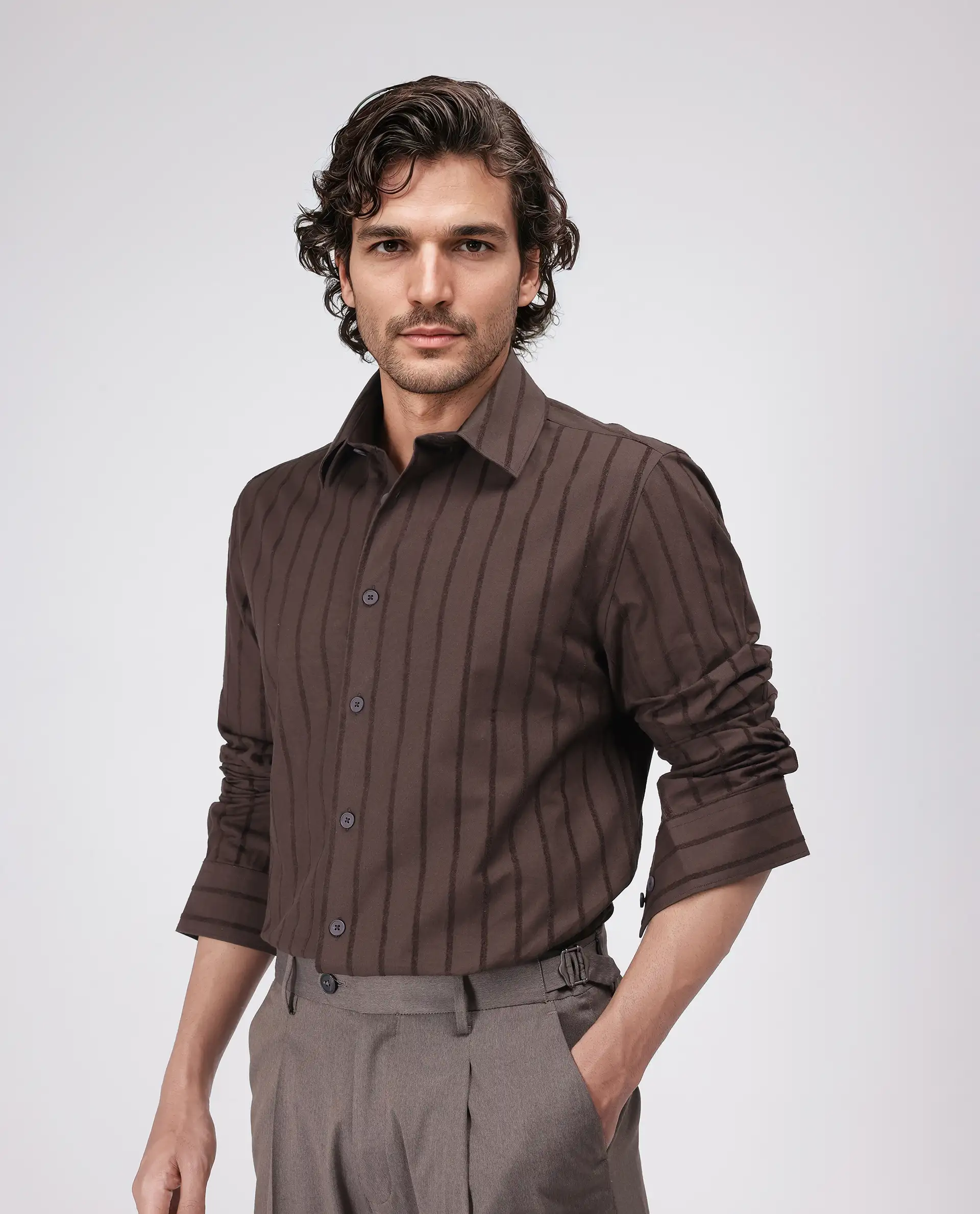 Rare Rabbit Men's Tener Dark Brown Cotton Blend Striped Print Relaxed Fit Full Sleeve Collared Shirt - Image 5