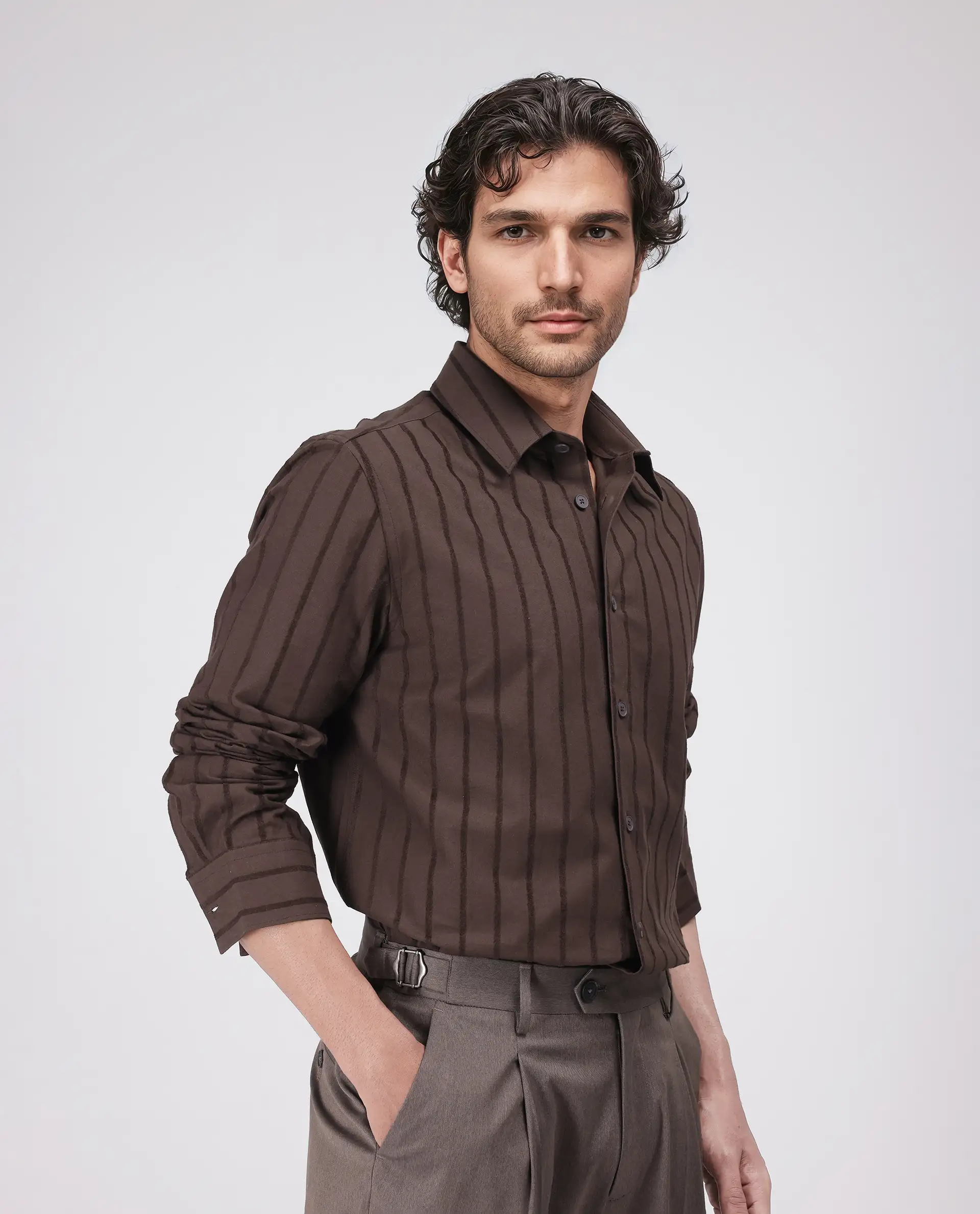 Rare Rabbit Men's Tener Dark Brown Cotton Blend Striped Print Relaxed Fit Full Sleeve Collared Shirt - Image 6