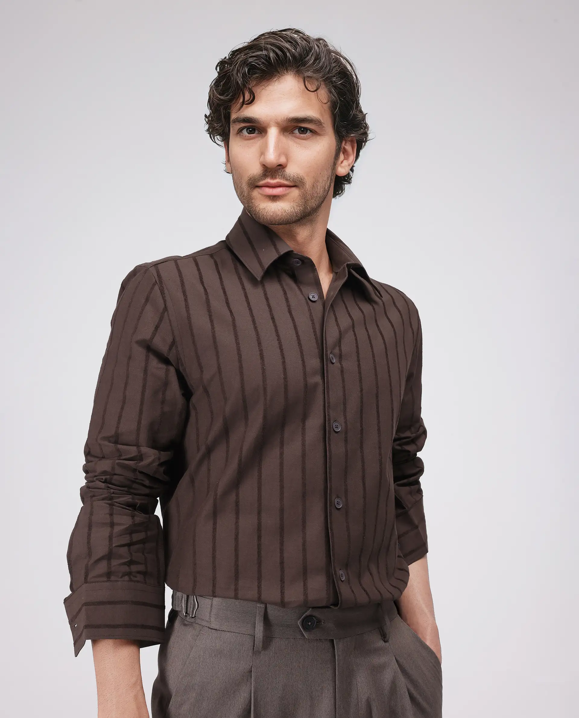 Rare Rabbit Men's Tener Dark Brown Cotton Blend Striped Print Relaxed Fit Full Sleeve Collared Shirt - Image 8