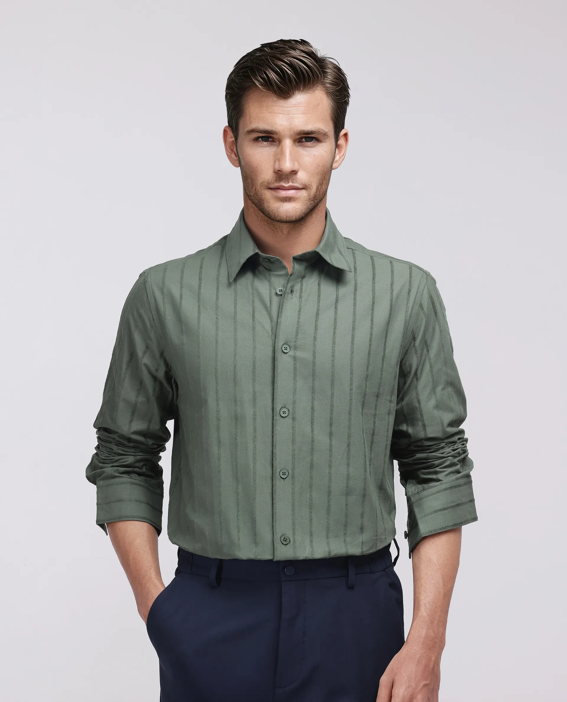 Rare Rabbit Men's Tener Dark Green Cotton Blend Striped Print Relaxed Fit Full Sleeve Collared Shirt