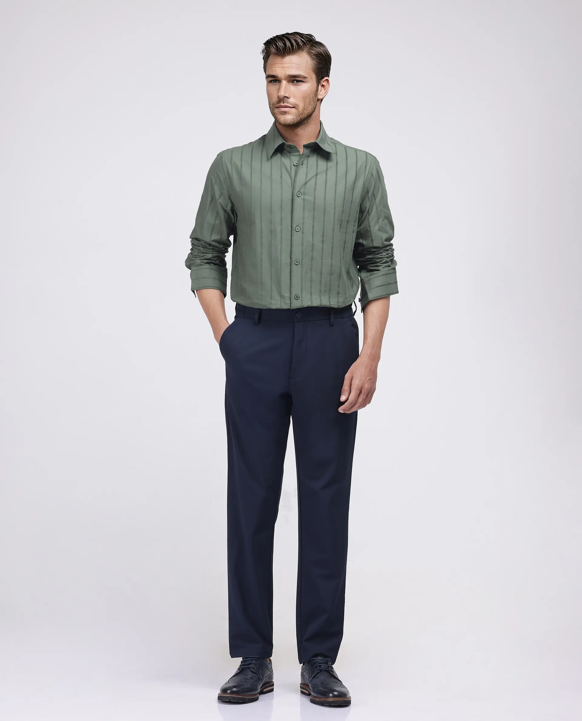 Rare Rabbit Men's Tener Dark Green Cotton Blend Striped Print Relaxed Fit Full Sleeve Collared Shirt - Image 2