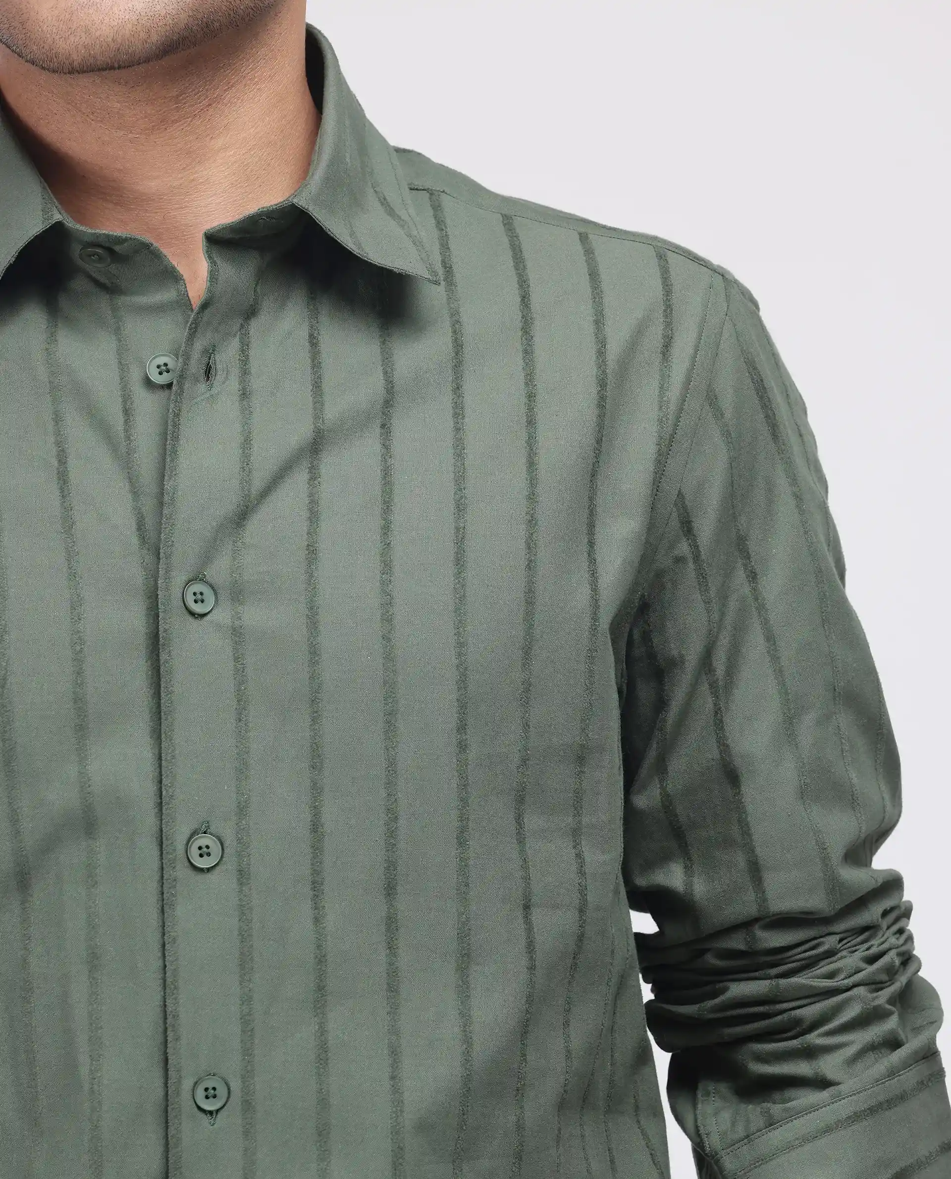 Rare Rabbit Men's Tener Dark Green Cotton Blend Striped Print Relaxed Fit Full Sleeve Collared Shirt - Image 3