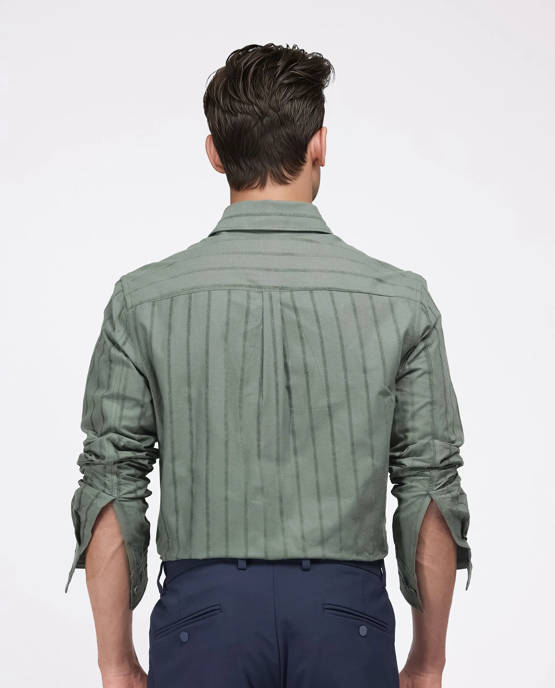 Rare Rabbit Men's Tener Dark Green Cotton Blend Striped Print Relaxed Fit Full Sleeve Collared Shirt - Image 4