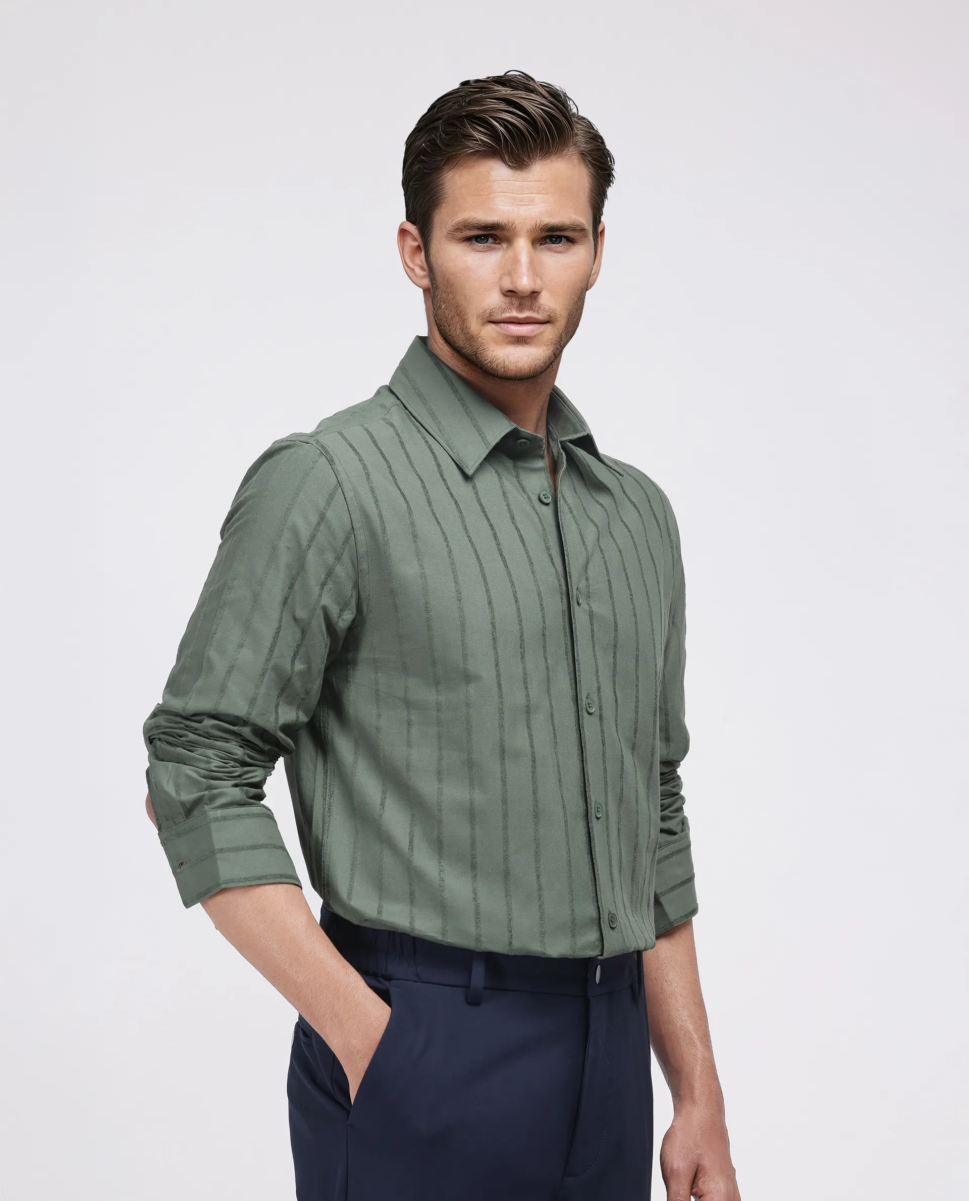 Rare Rabbit Men's Tener Dark Green Cotton Blend Striped Print Relaxed Fit Full Sleeve Collared Shirt - Image 5