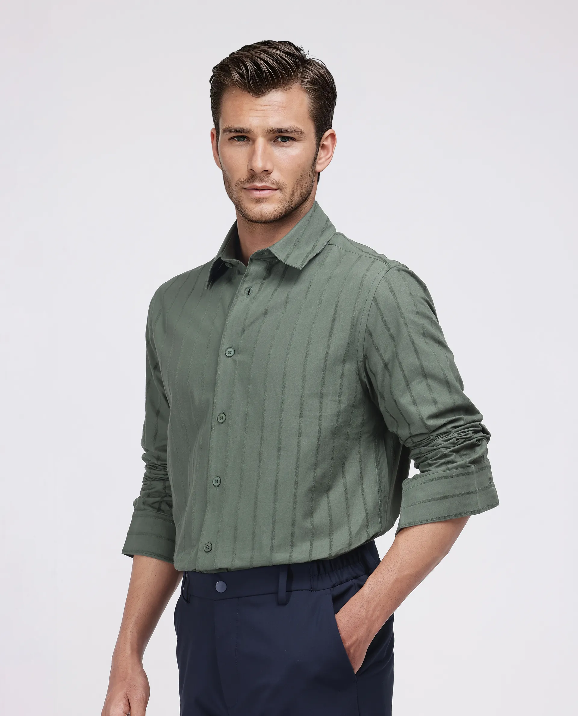 Rare Rabbit Men's Tener Dark Green Cotton Blend Striped Print Relaxed Fit Full Sleeve Collared Shirt - Image 6