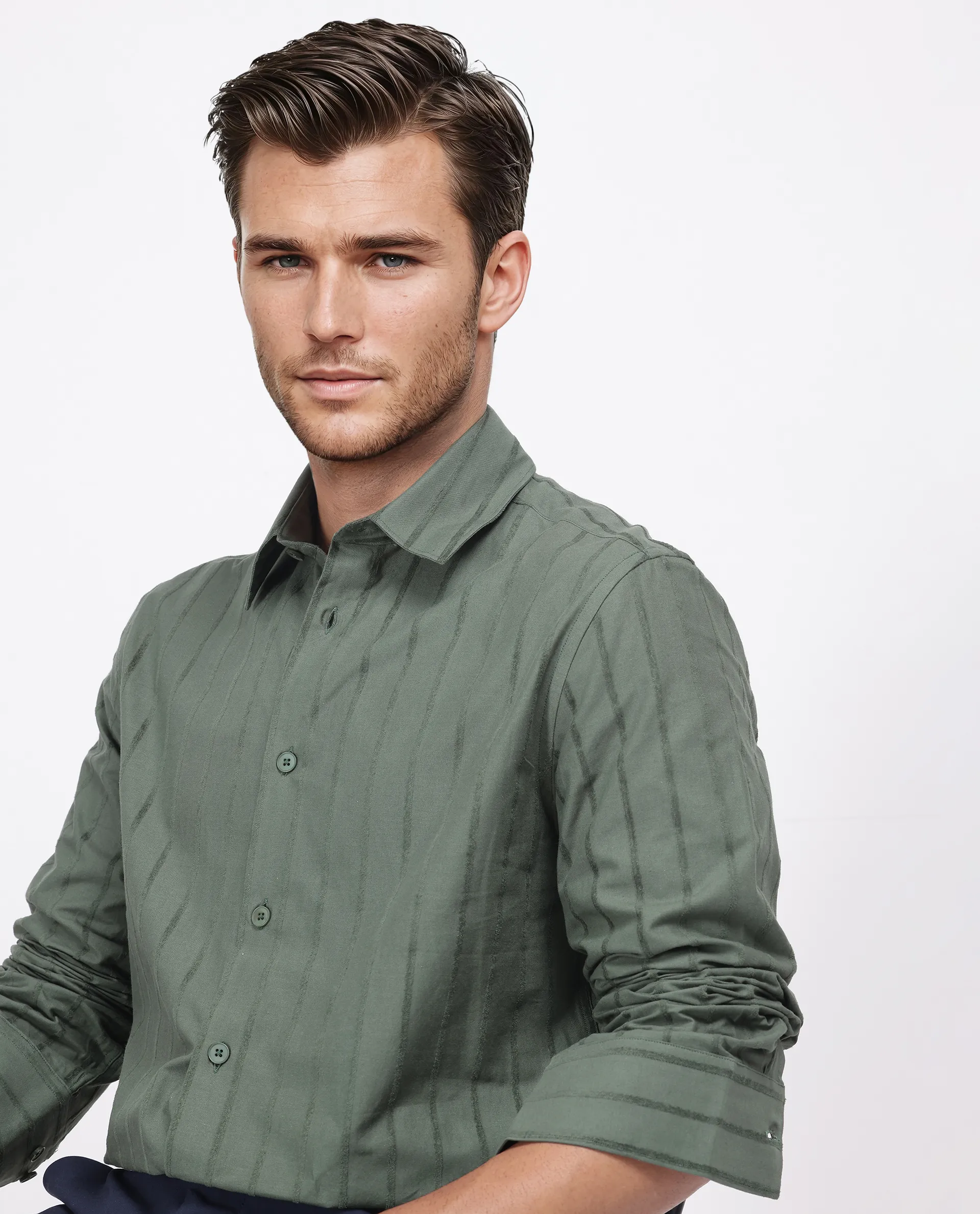 Rare Rabbit Men's Tener Dark Green Cotton Blend Striped Print Relaxed Fit Full Sleeve Collared Shirt - Image 8