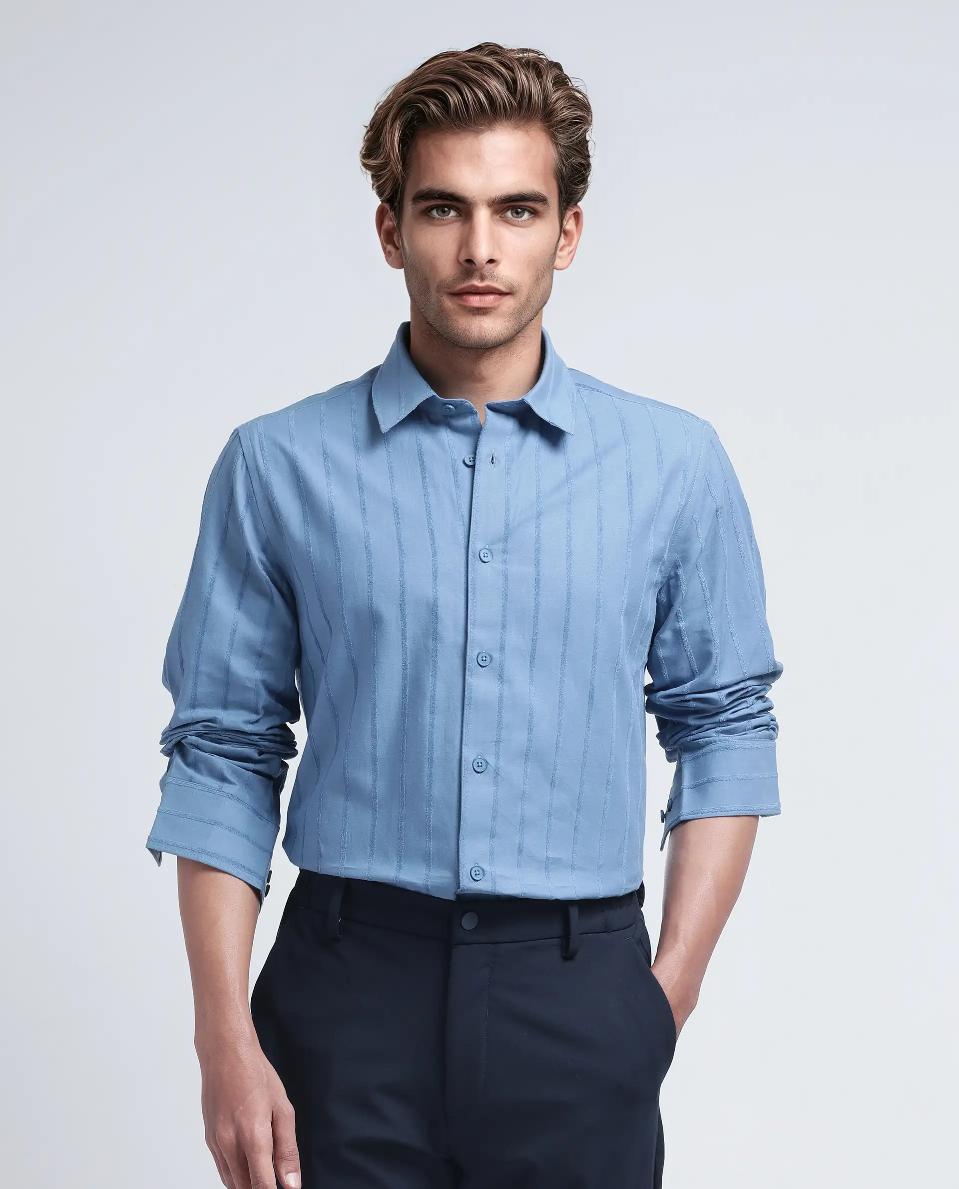 Rare Rabbit Men's Tener Dusky Blue Cotton Blend Striped Print Relaxed Fit Full Sleeve Collared Shirt - Image 2