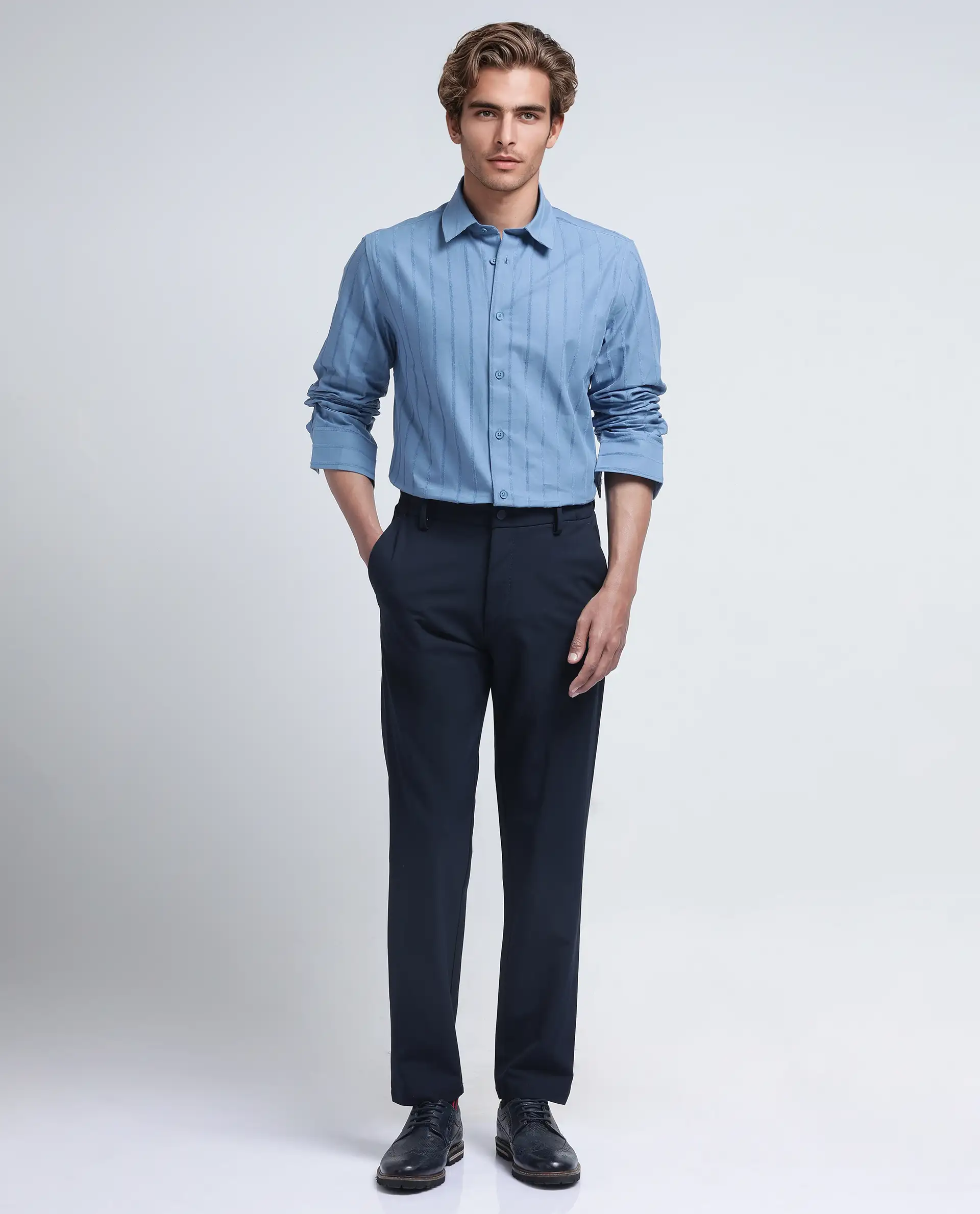 Rare Rabbit Men's Tener Dusky Blue Cotton Blend Striped Print Relaxed Fit Full Sleeve Collared Shirt - Image 3