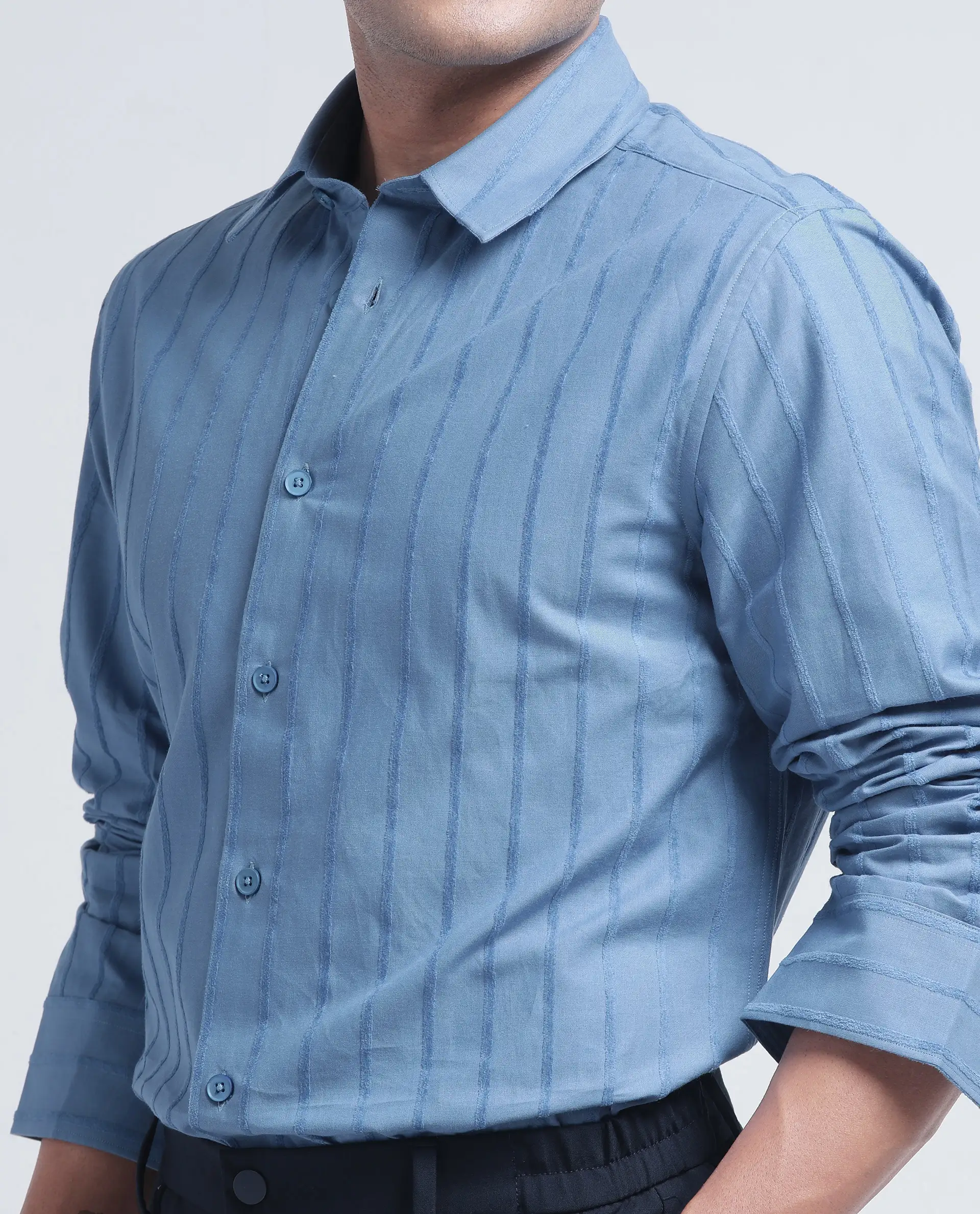 Rare Rabbit Men's Tener Dusky Blue Cotton Blend Striped Print Relaxed Fit Full Sleeve Collared Shirt - Image 4