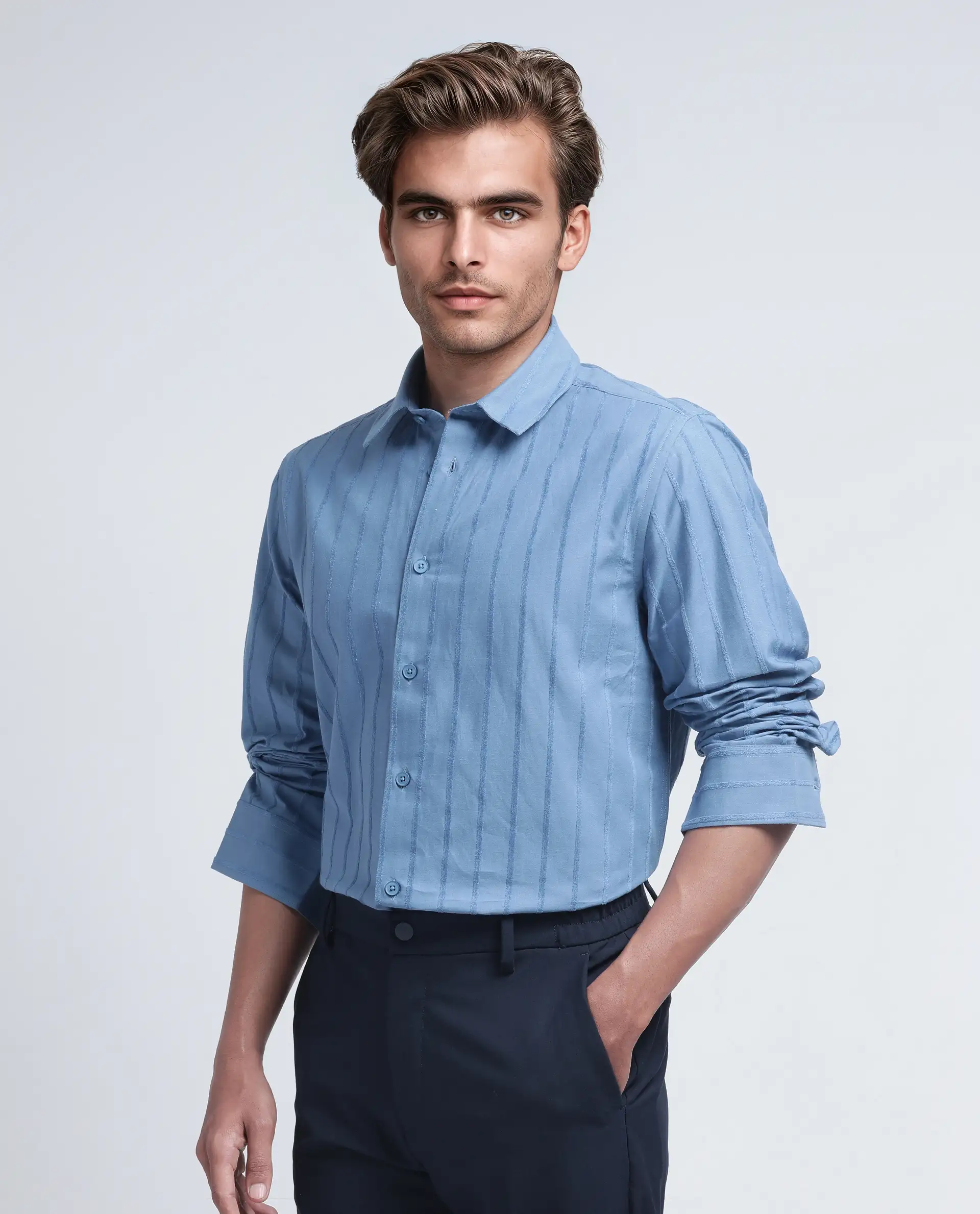 Rare Rabbit Men's Tener Dusky Blue Cotton Blend Striped Print Relaxed Fit Full Sleeve Collared Shirt - Image 6