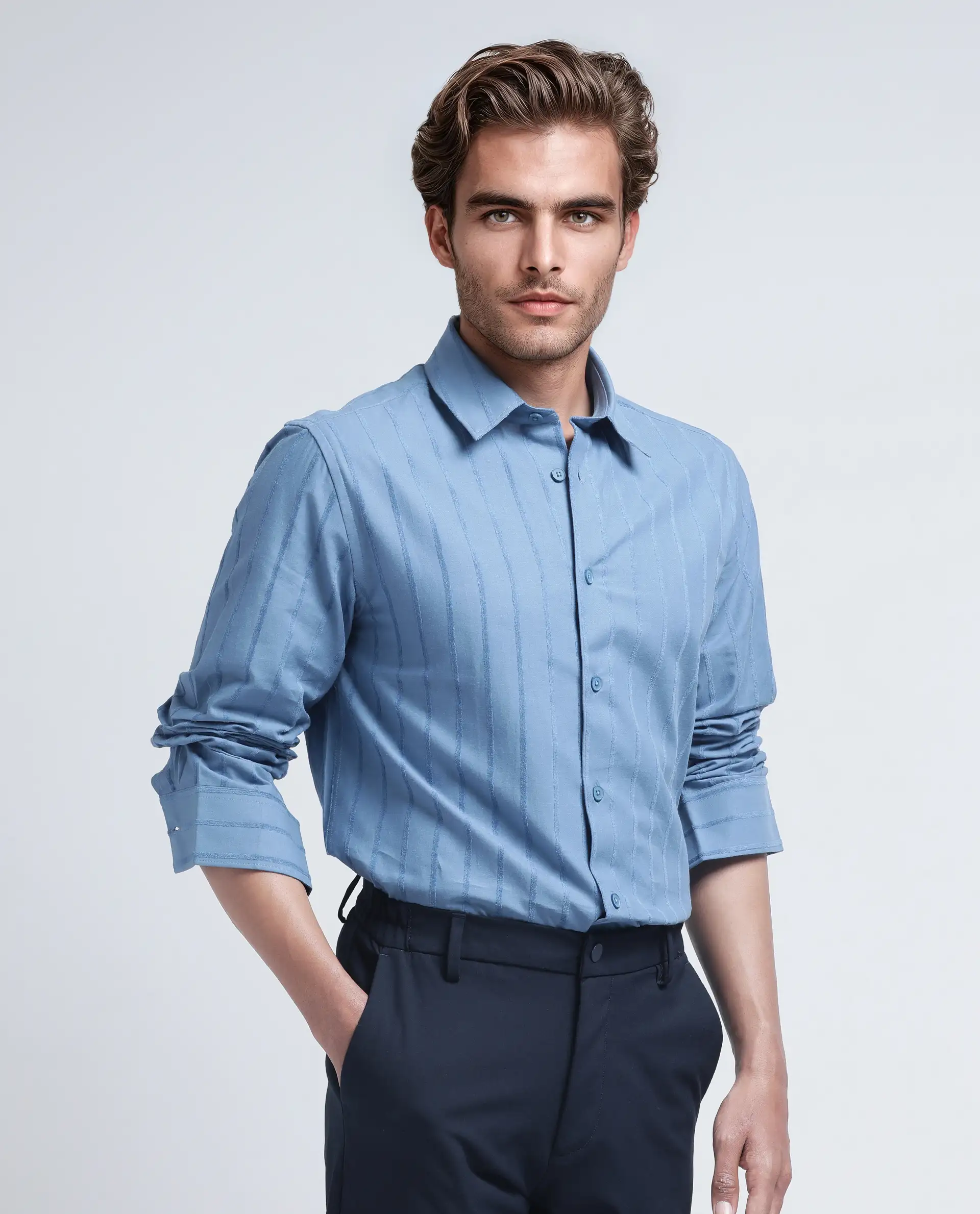 Rare Rabbit Men's Tener Dusky Blue Cotton Blend Striped Print Relaxed Fit Full Sleeve Collared Shirt - Image 7