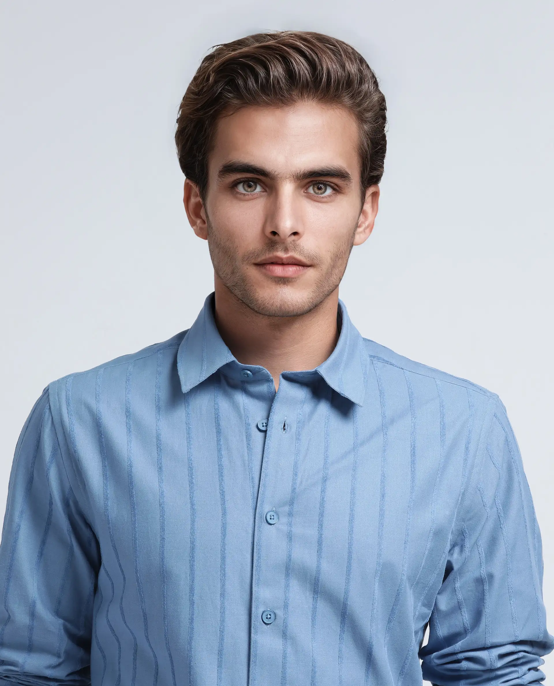Rare Rabbit Men's Tener Dusky Blue Cotton Blend Striped Print Relaxed Fit Full Sleeve Collared Shirt - Image 8