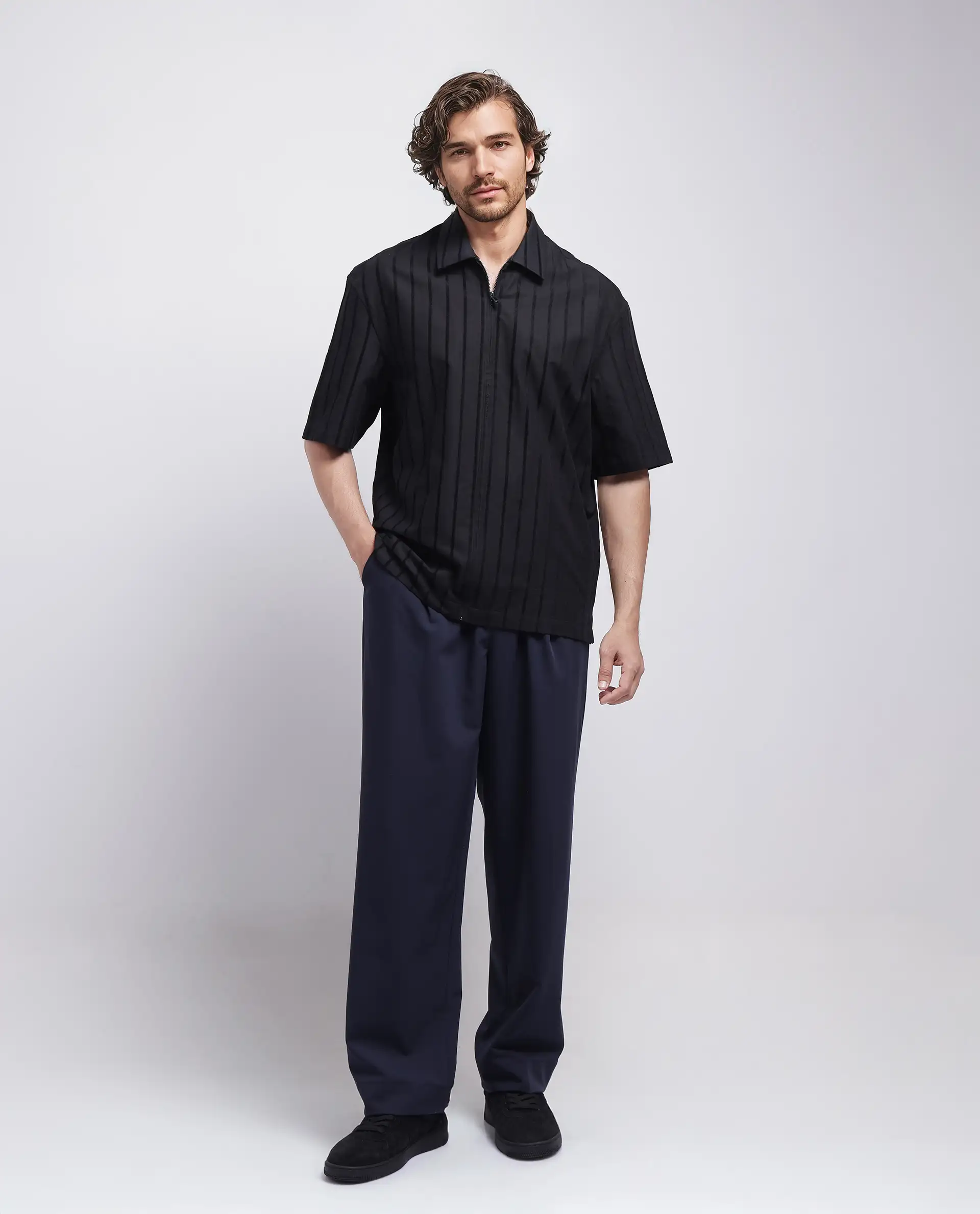 Rare Rabbit Men's Tenerz Black Cotton Striped Print Boxy Fit Half Sleeve Collared Shirt - Image 2