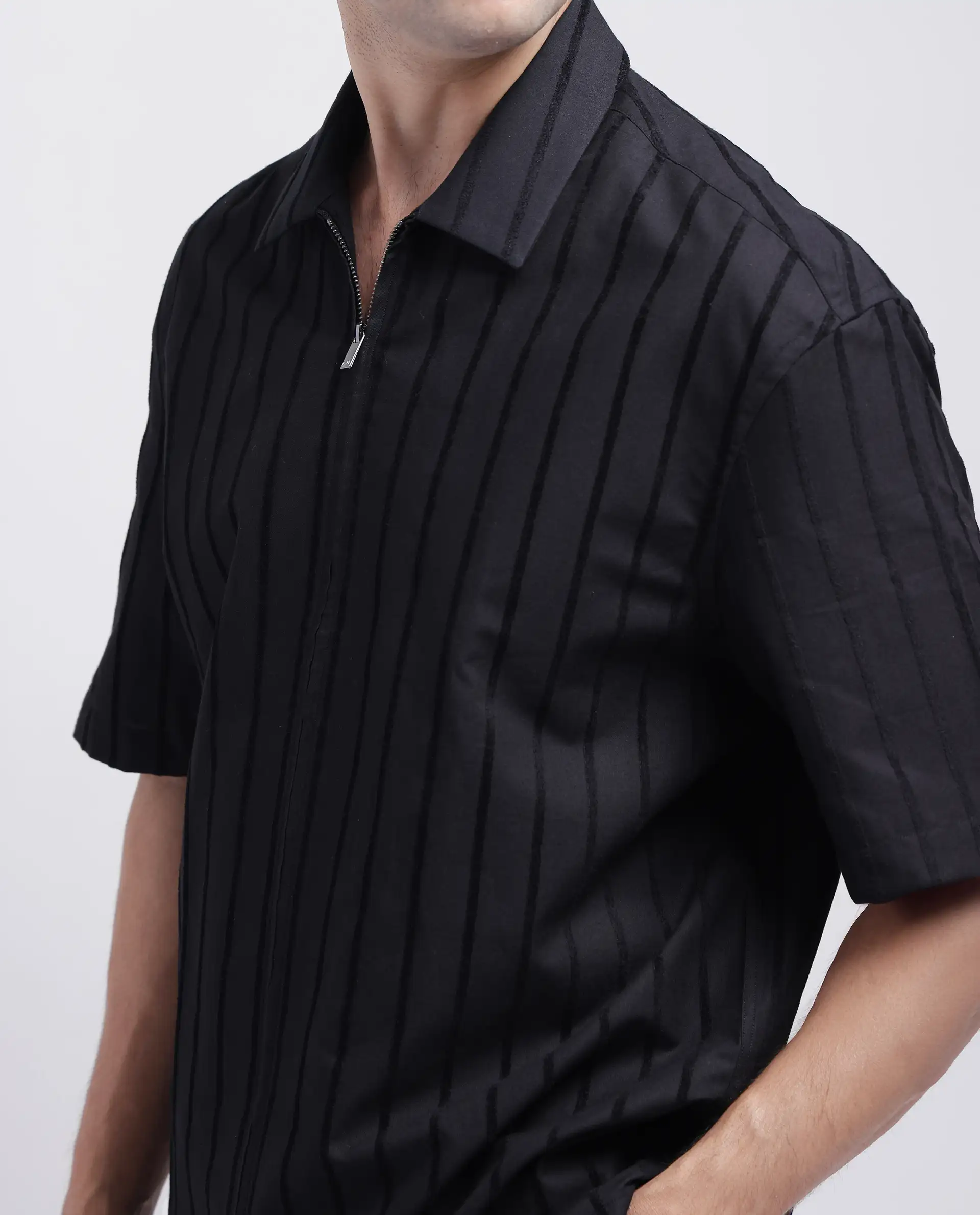 Rare Rabbit Men's Tenerz Black Cotton Striped Print Boxy Fit Half Sleeve Collared Shirt - Image 3