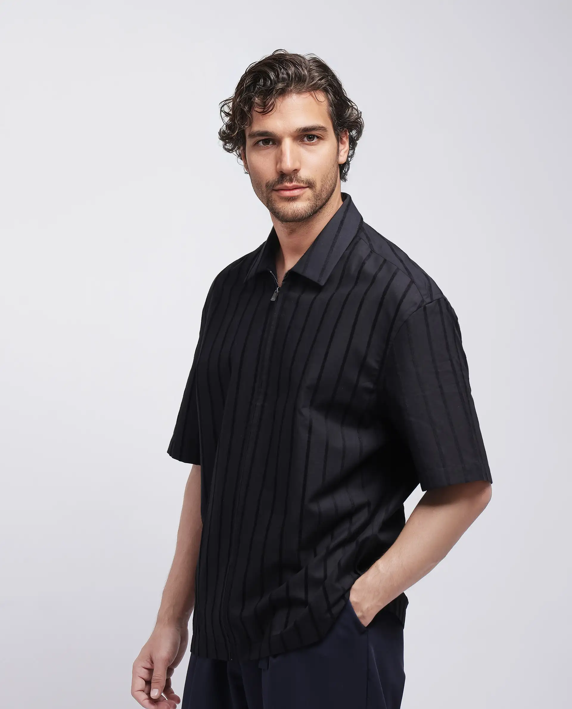 Rare Rabbit Men's Tenerz Black Cotton Striped Print Boxy Fit Half Sleeve Collared Shirt - Image 6