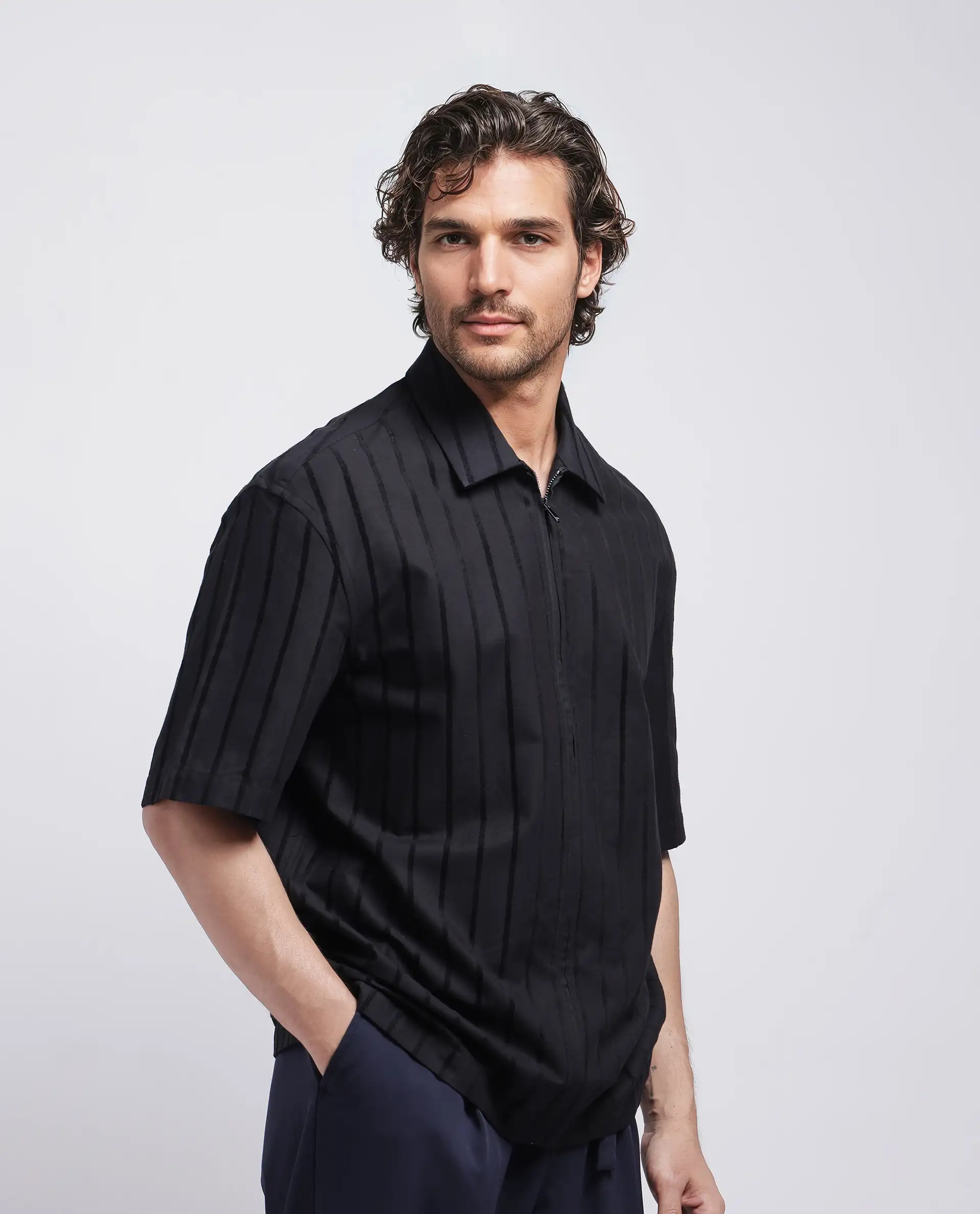 Rare Rabbit Men's Tenerz Black Cotton Striped Print Boxy Fit Half Sleeve Collared Shirt - Image 7