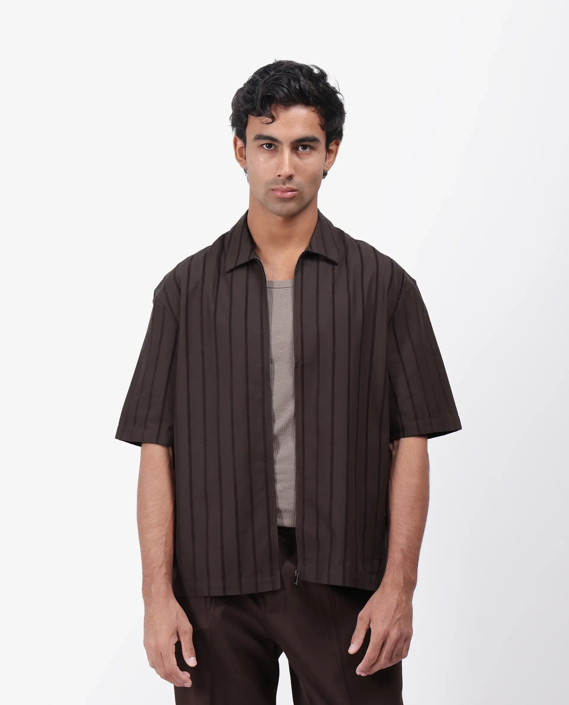Rare Rabbit Men's Tenerz Dark Brown Cotton Striped Print Boxy Fit Half Sleeve Collared Shirt - Image 2