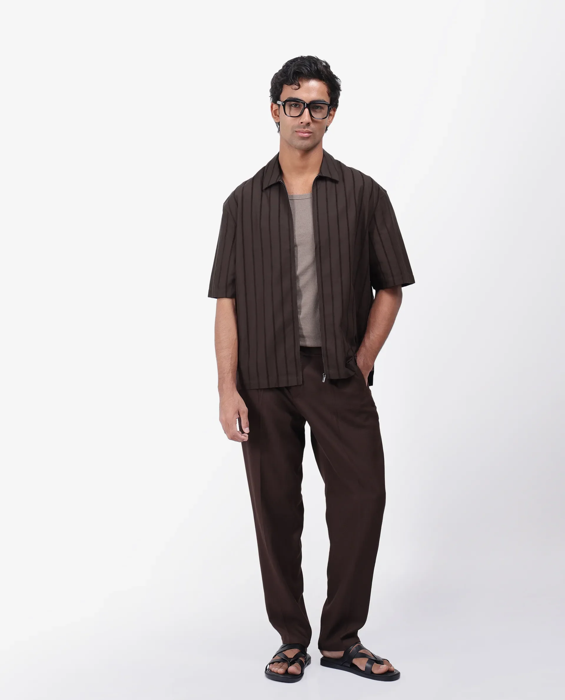 Rare Rabbit Men's Tenerz Dark Brown Cotton Striped Print Boxy Fit Half Sleeve Collared Shirt - Image 3