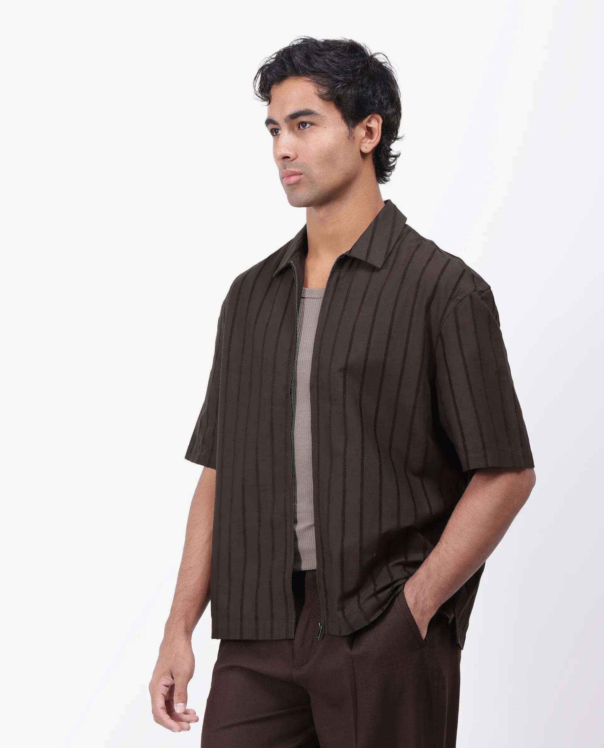 Rare Rabbit Men's Tenerz Dark Brown Cotton Striped Print Boxy Fit Half Sleeve Collared Shirt - Image 5