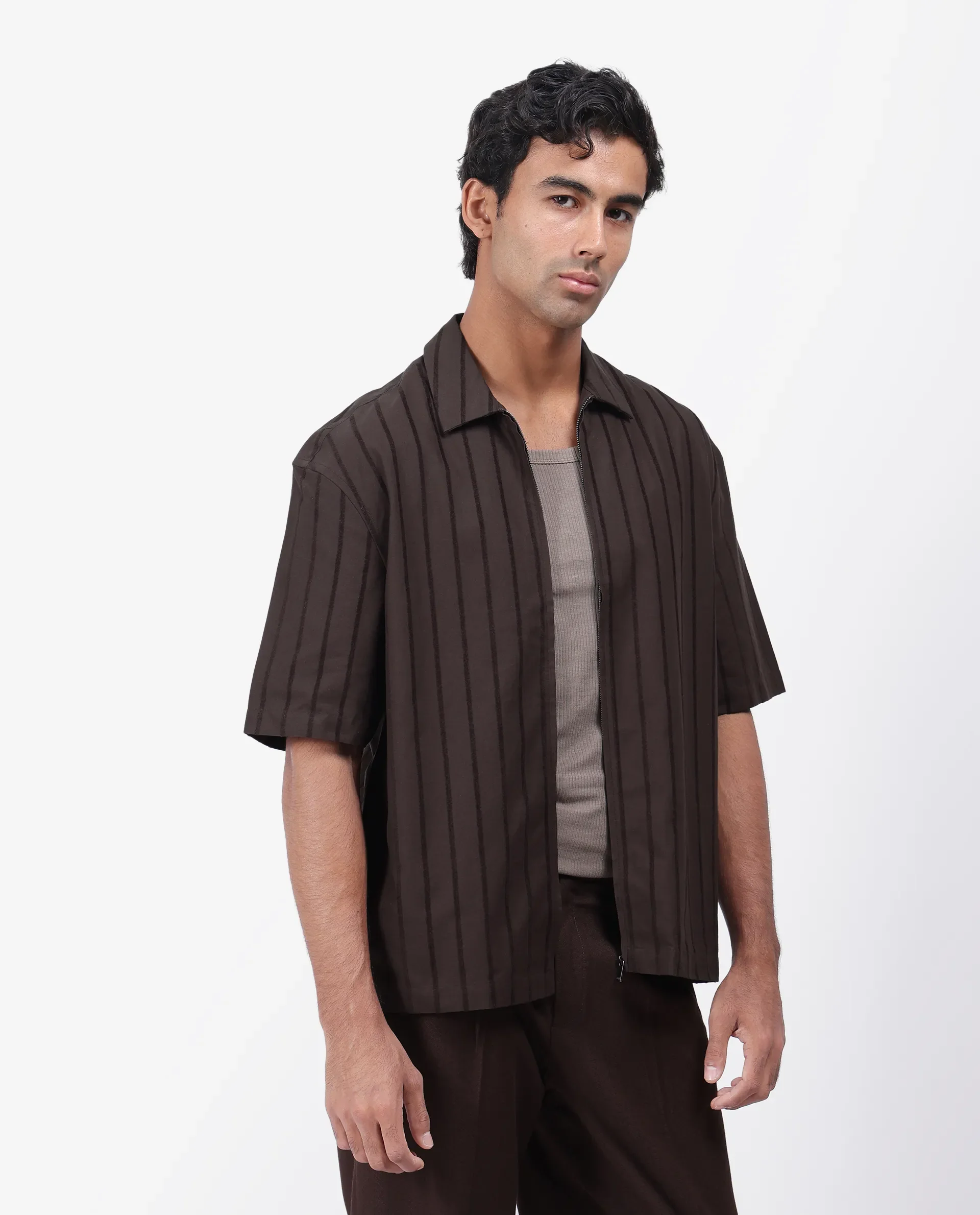 Rare Rabbit Men's Tenerz Dark Brown Cotton Striped Print Boxy Fit Half Sleeve Collared Shirt - Image 6