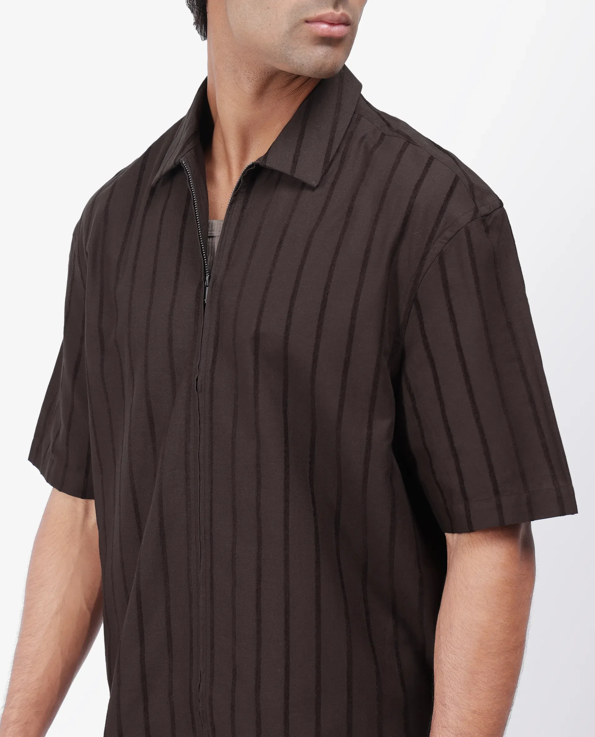 Rare Rabbit Men's Tenerz Dark Brown Cotton Striped Print Boxy Fit Half Sleeve Collared Shirt - Image 7