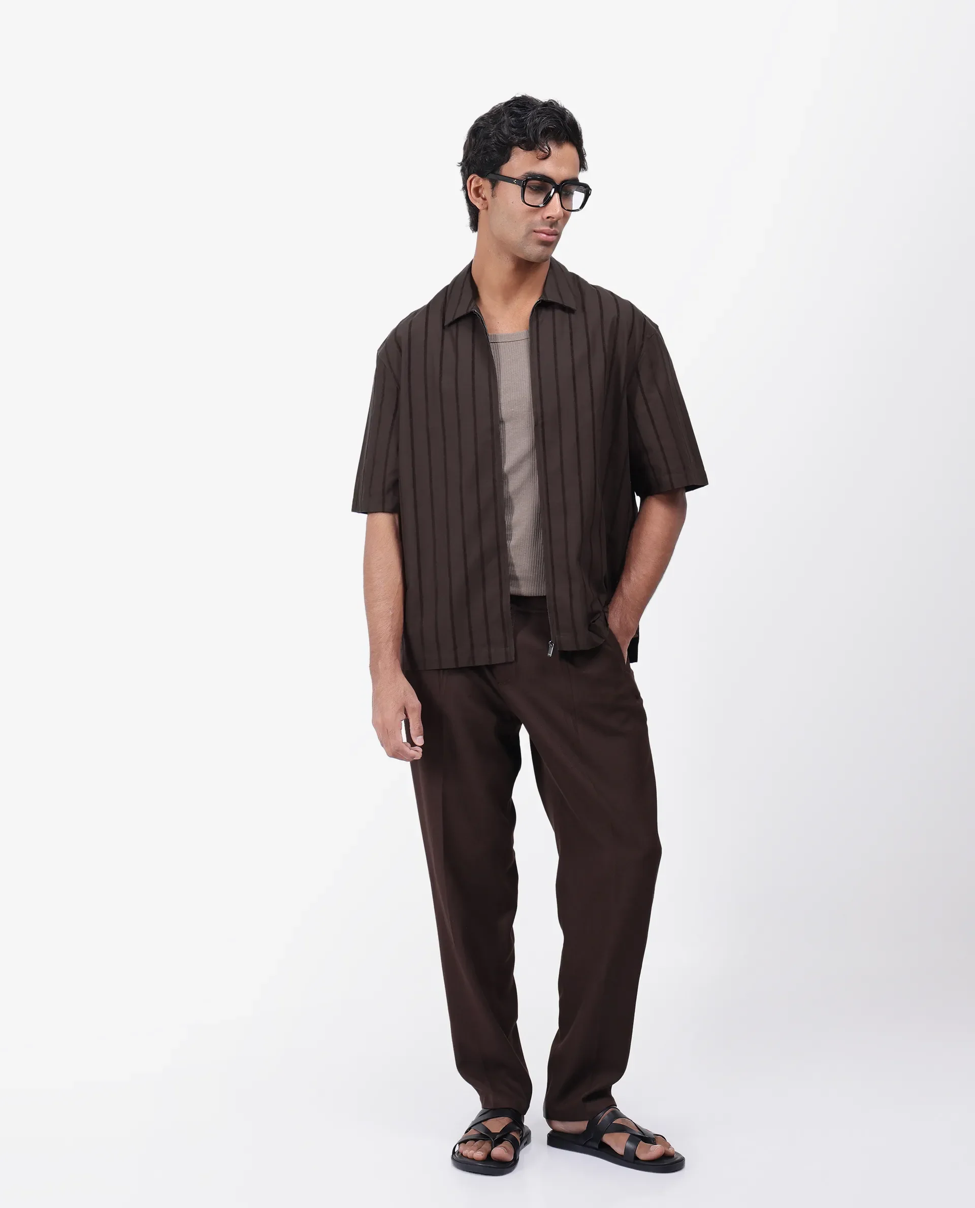 Rare Rabbit Men's Tenerz Dark Brown Cotton Striped Print Boxy Fit Half Sleeve Collared Shirt - Image 9