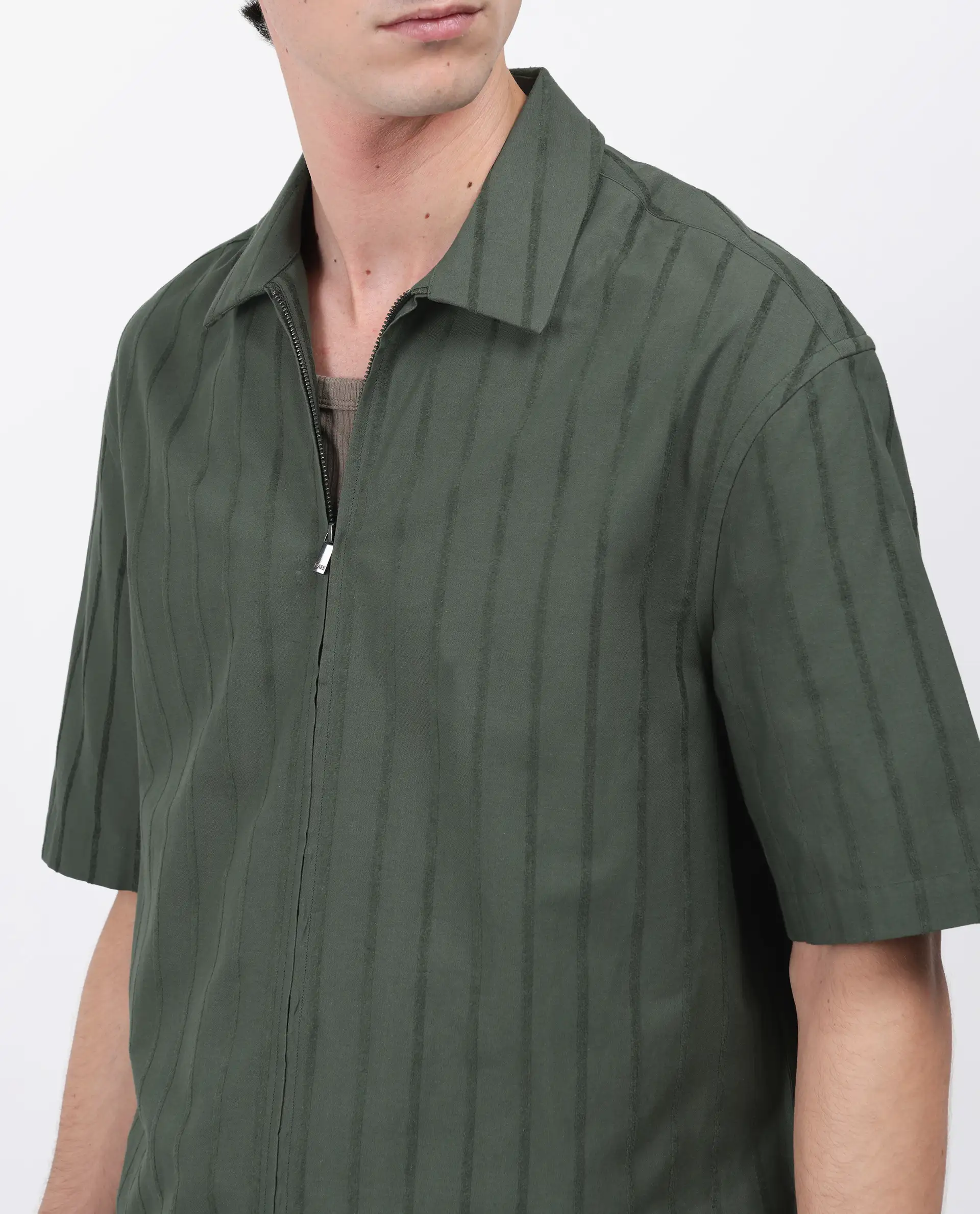 Rare Rabbit Men's Tenerz Dark Green Cotton Striped Print Boxy Fit Half Sleeve Collared Shirt - Image 3