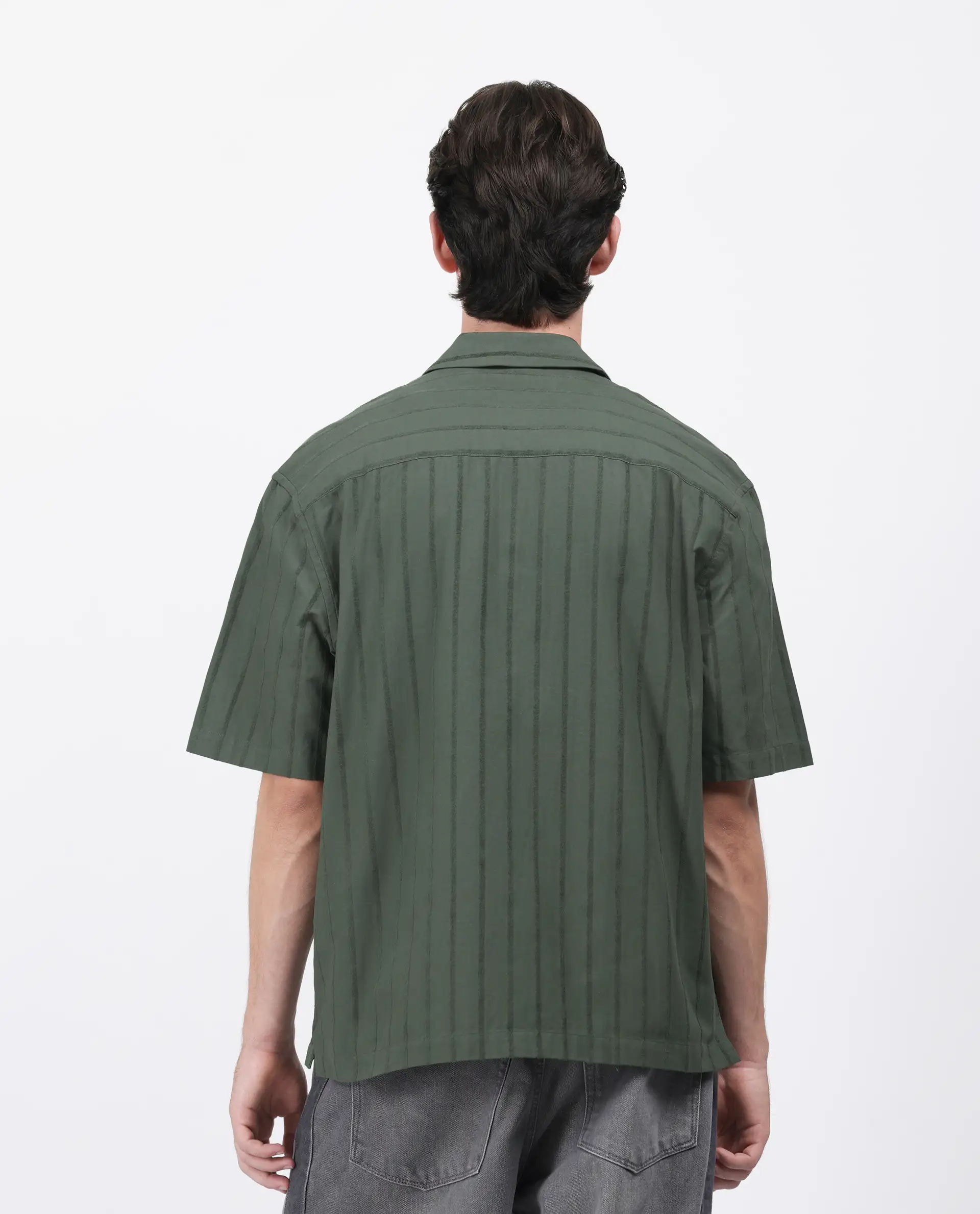 Rare Rabbit Men's Tenerz Dark Green Cotton Striped Print Boxy Fit Half Sleeve Collared Shirt - Image 4