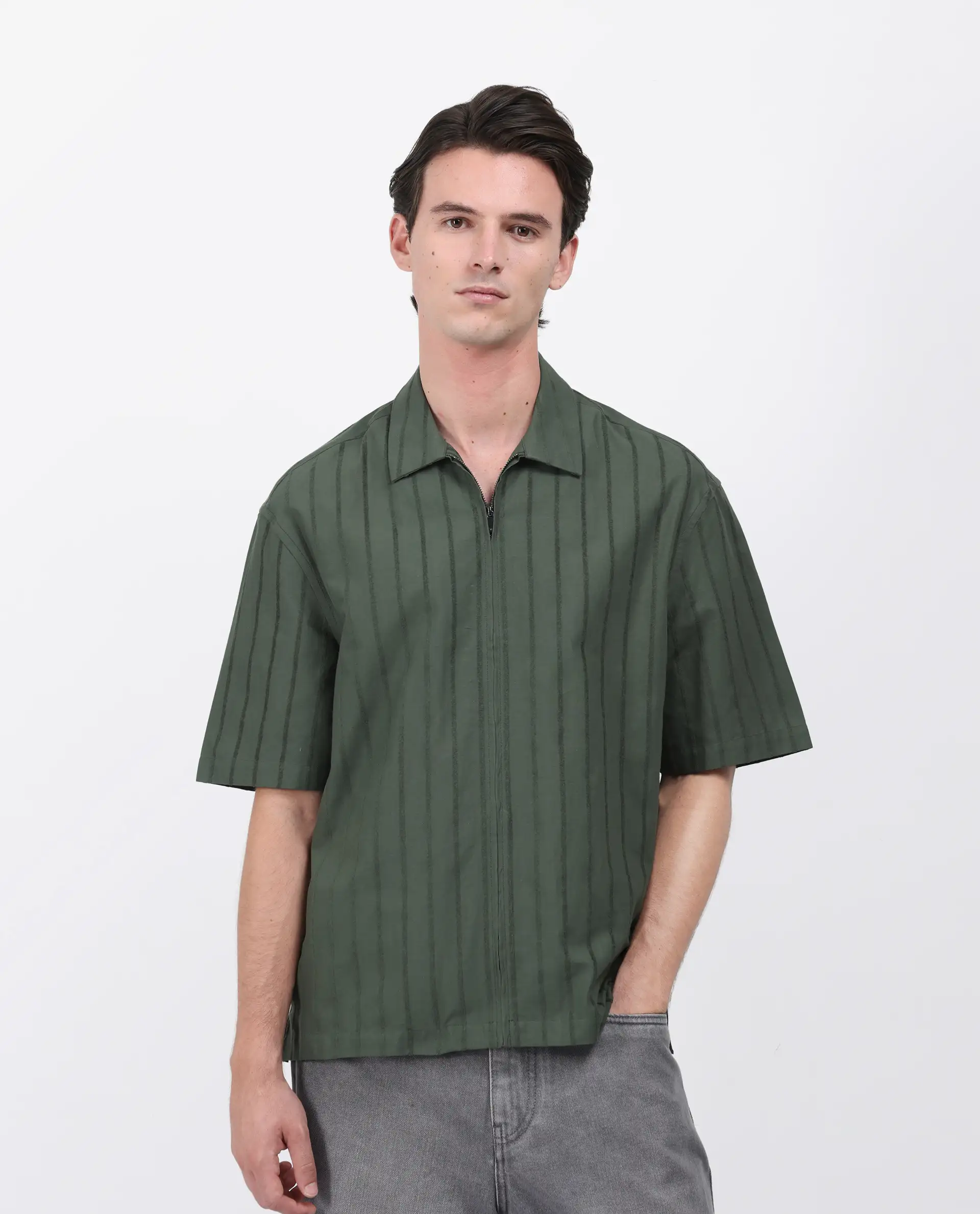 Rare Rabbit Men's Tenerz Dark Green Cotton Striped Print Boxy Fit Half Sleeve Collared Shirt - Image 5