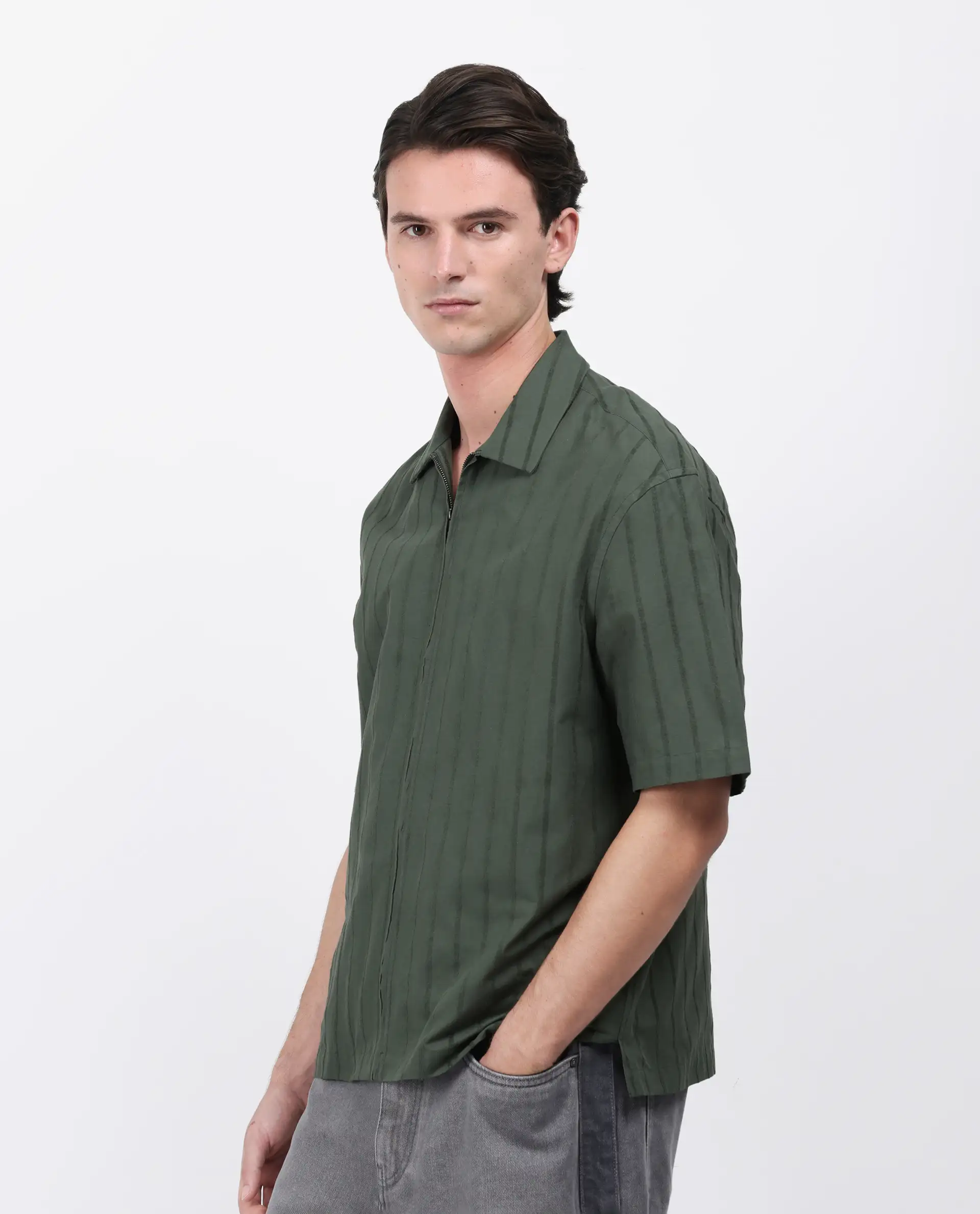 Rare Rabbit Men's Tenerz Dark Green Cotton Striped Print Boxy Fit Half Sleeve Collared Shirt - Image 6