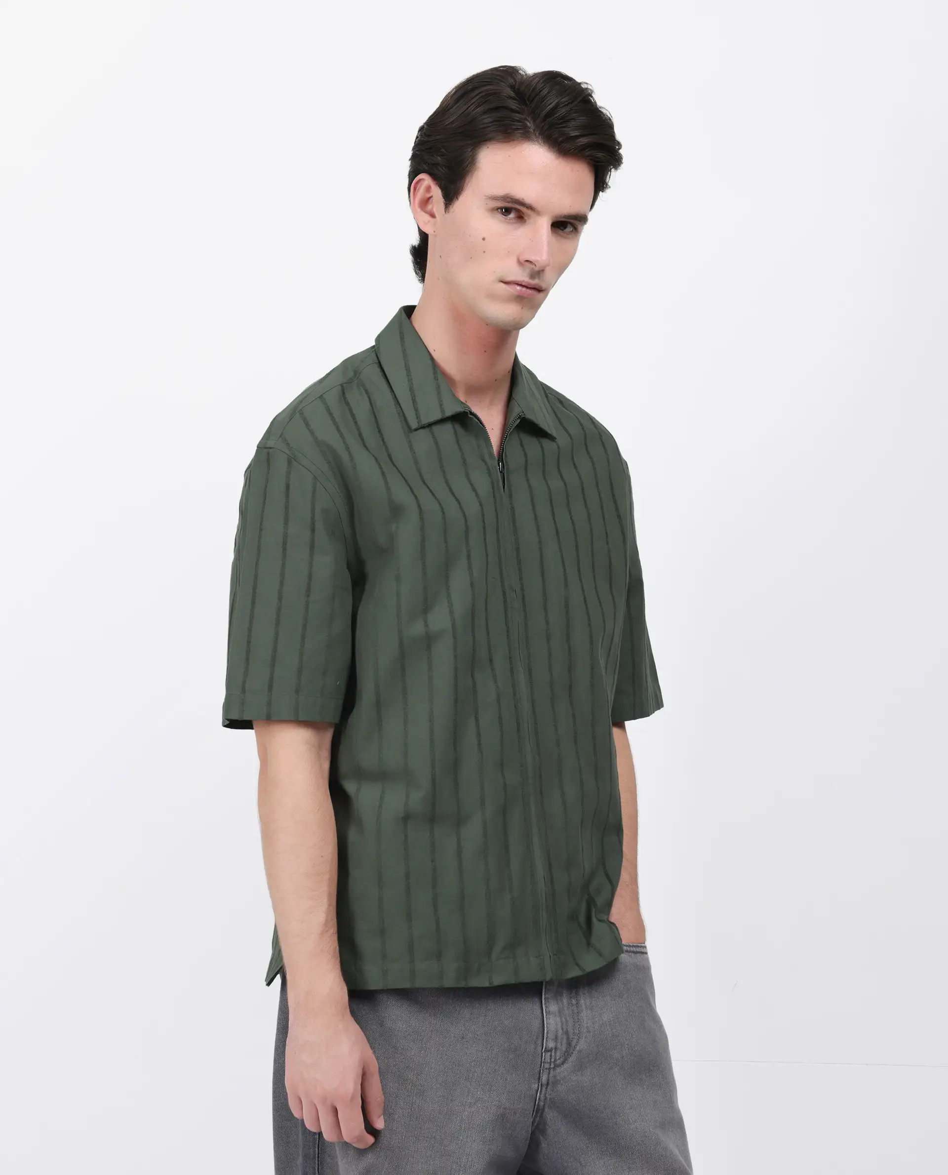 Rare Rabbit Men's Tenerz Dark Green Cotton Striped Print Boxy Fit Half Sleeve Collared Shirt - Image 7