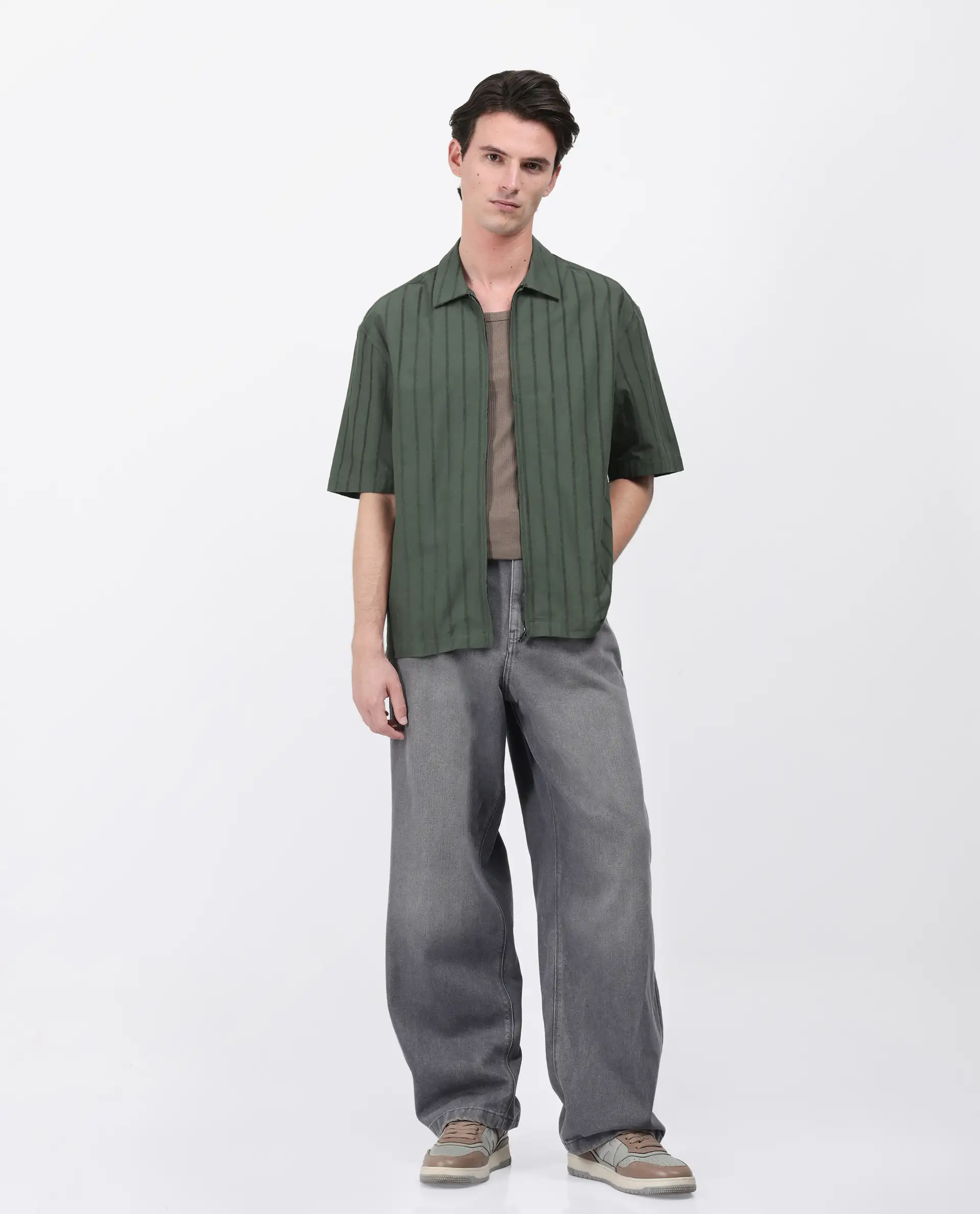 Rare Rabbit Men's Tenerz Dark Green Cotton Striped Print Boxy Fit Half Sleeve Collared Shirt - Image 8