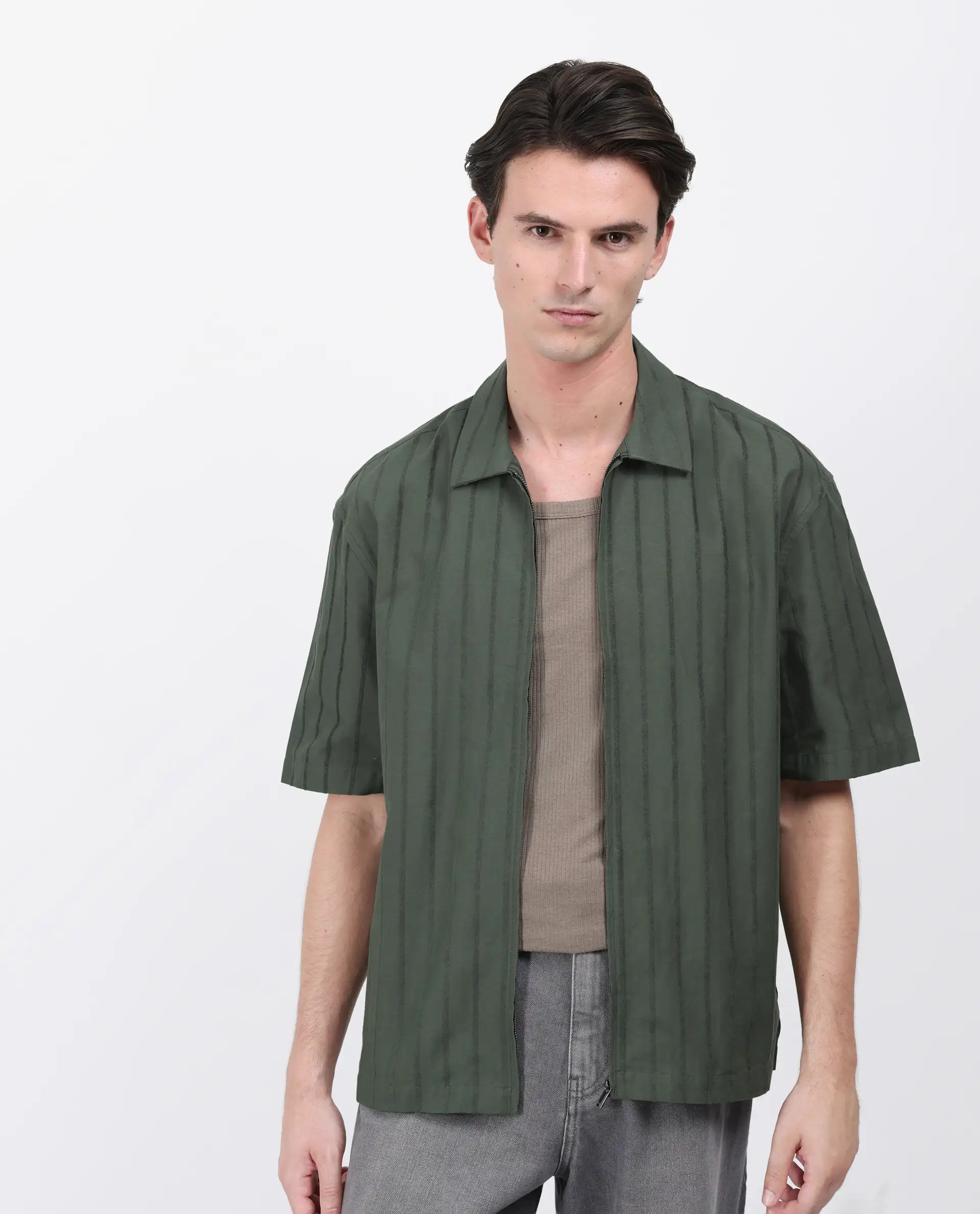 Rare Rabbit Men's Tenerz Dark Green Cotton Striped Print Boxy Fit Half Sleeve Collared Shirt - Image 9